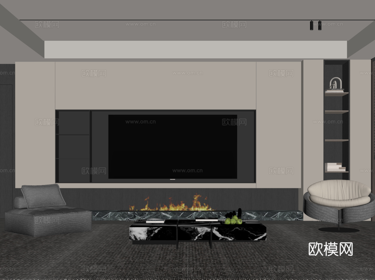 现代简约客厅 电视背景墙 电视柜 沙发茶几组合su模型