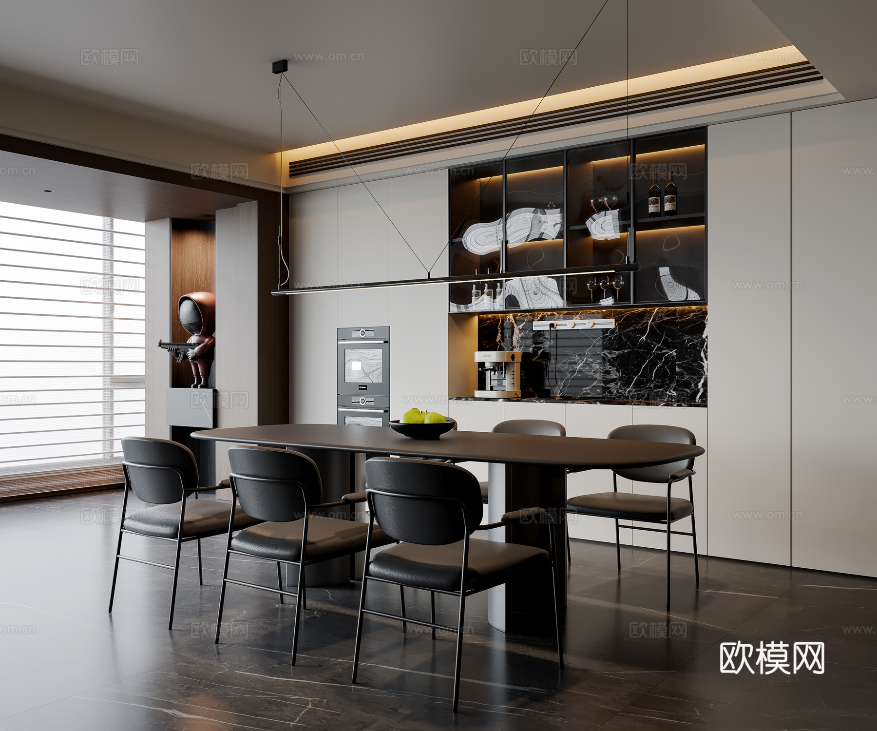 现代极简餐厅 餐桌椅 吊灯 餐边柜 酒柜su模型