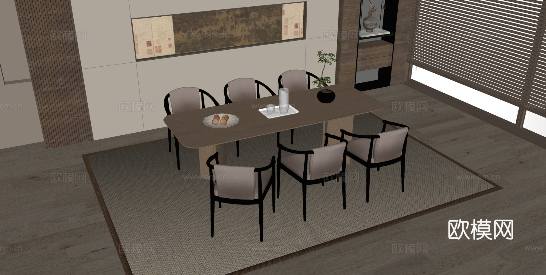 宋式餐桌椅组合 宋式餐厅 木制餐桌 木制餐椅su模型