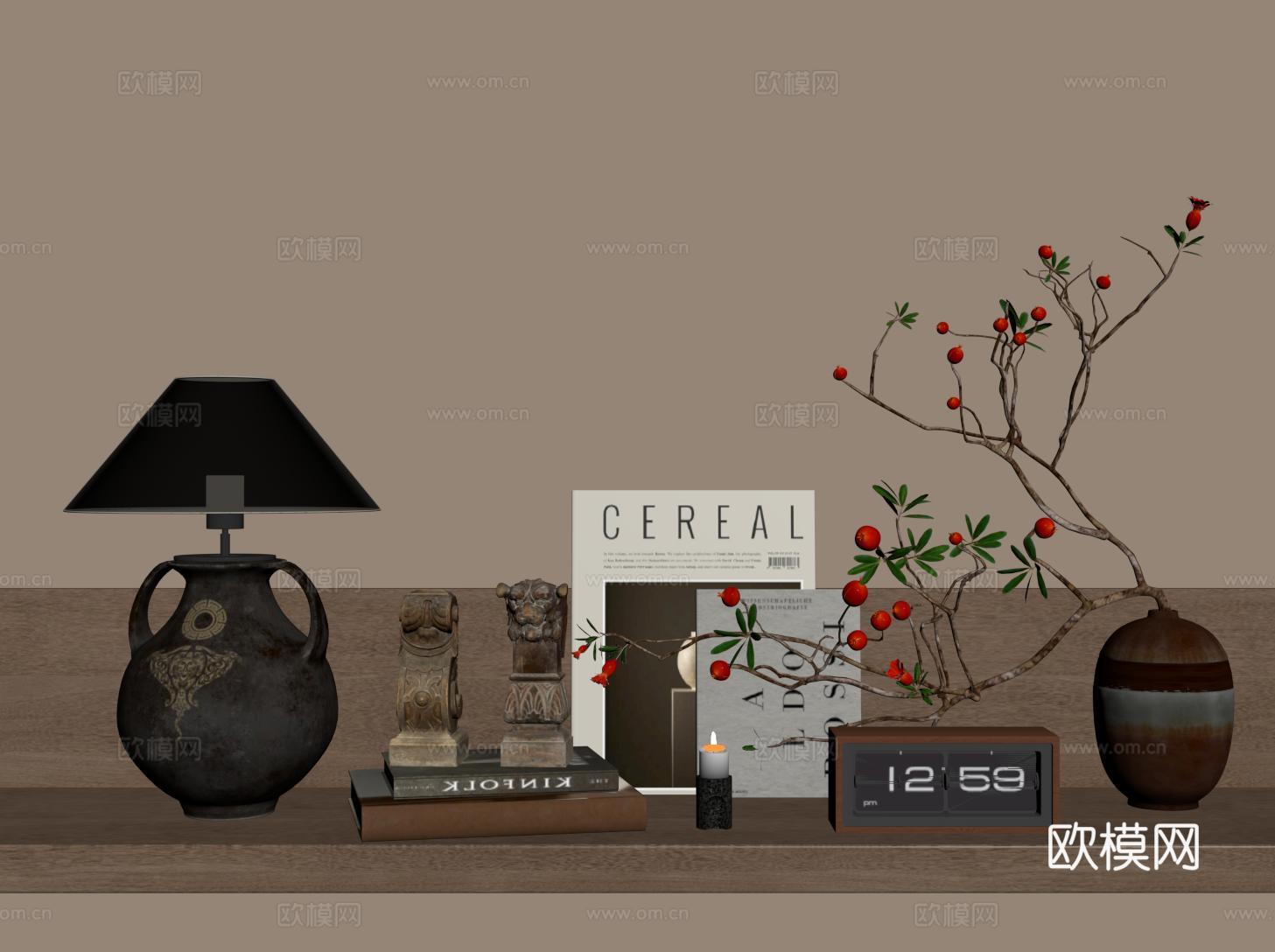 中古侘寂饰品摆件 花艺 书籍 台灯 翻页时钟su模型