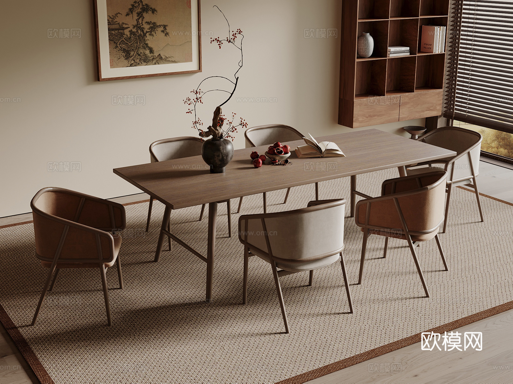 宋式餐桌椅组合 宋式餐厅 木制餐桌 木制餐椅su模型