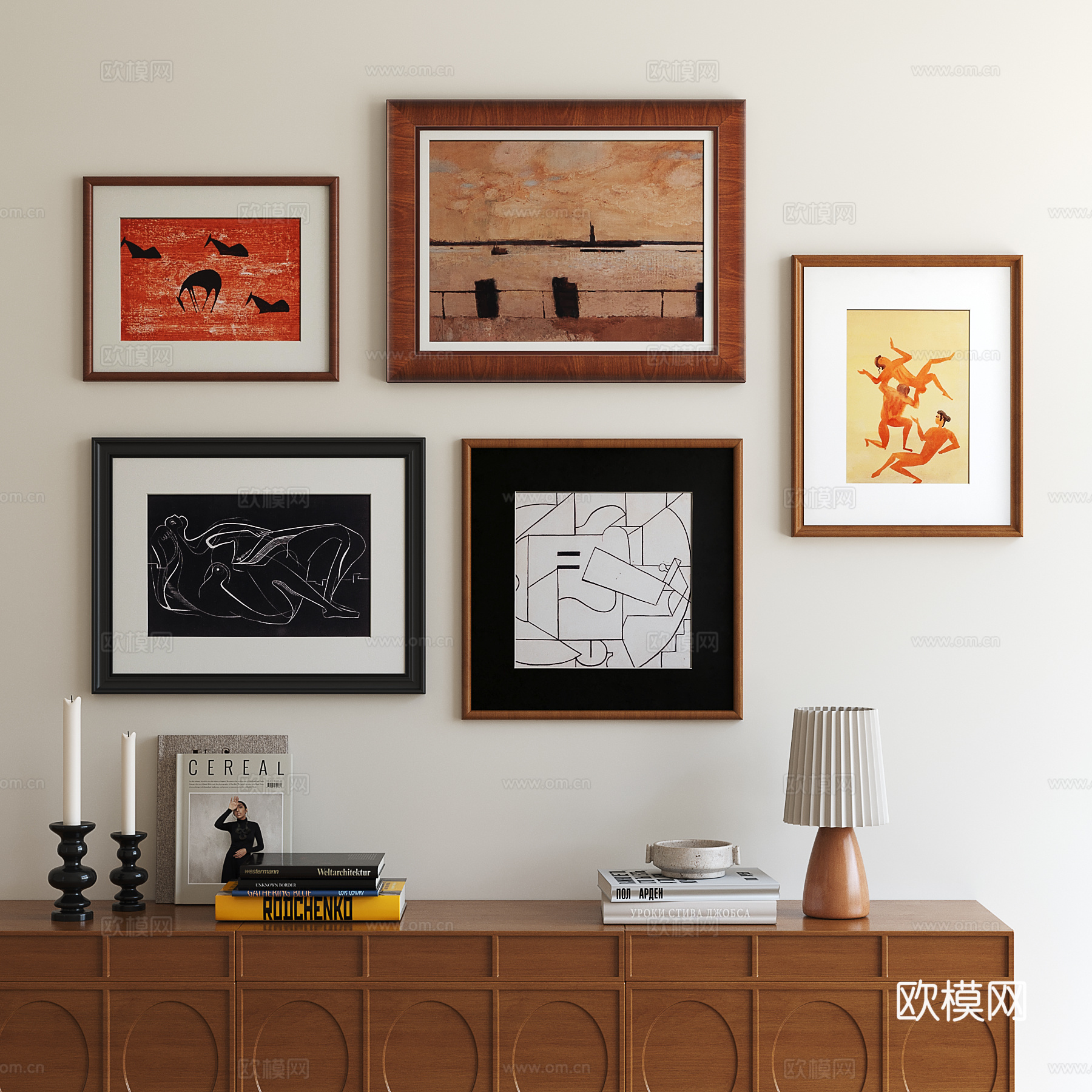 法式中古风挂画组合 书籍摆件 台灯su模型