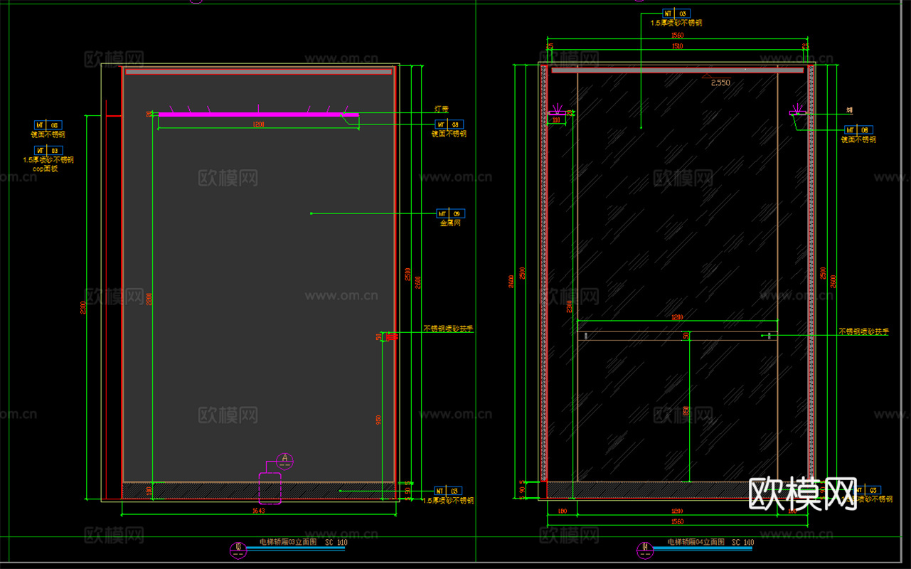 电梯轿厢  工装电梯  金属电梯平立面图 电梯节点图cad施工图下载（渲染图4）