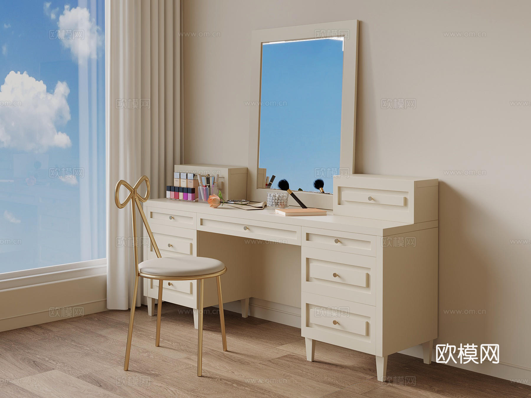 现代奶油风梳妆台su模型