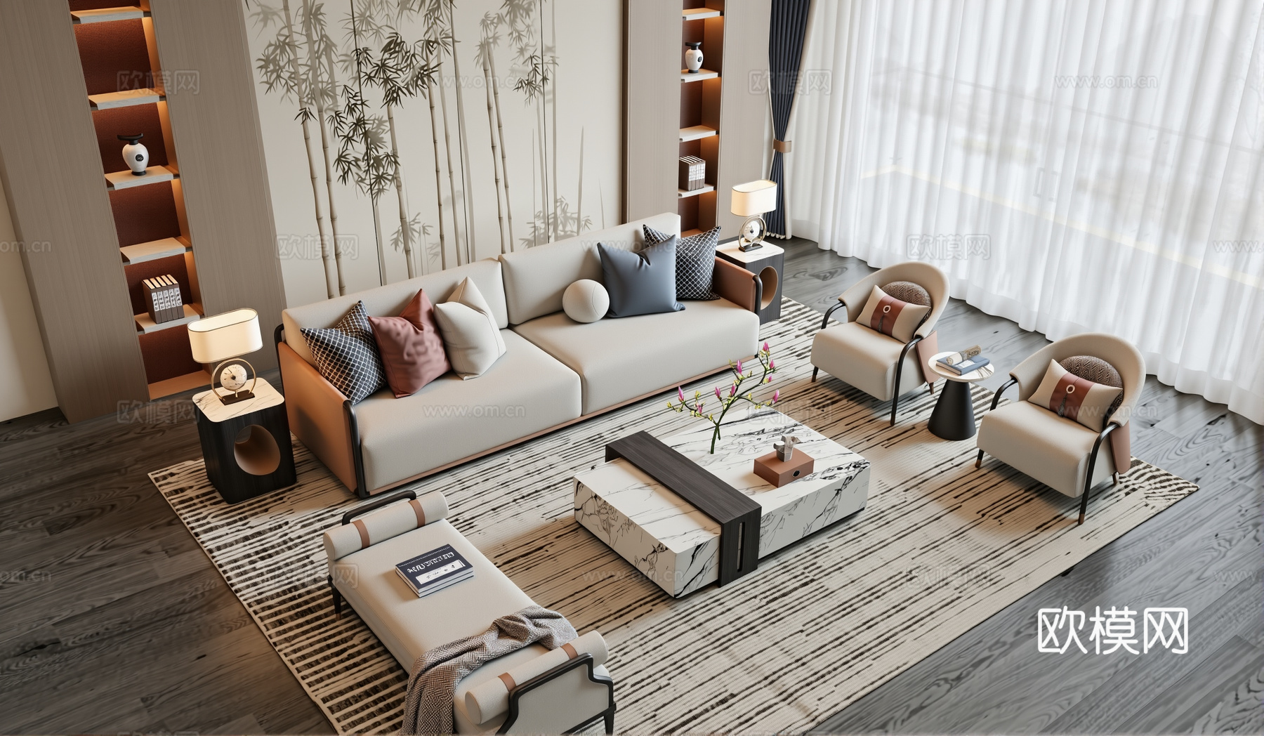 现代新中式客厅su模型