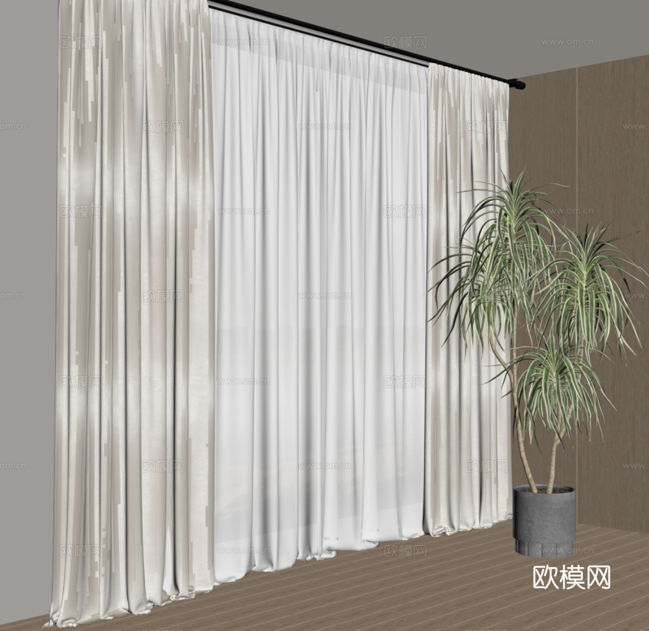 现代窗帘 罗马杆窗帘 纱帘su模型