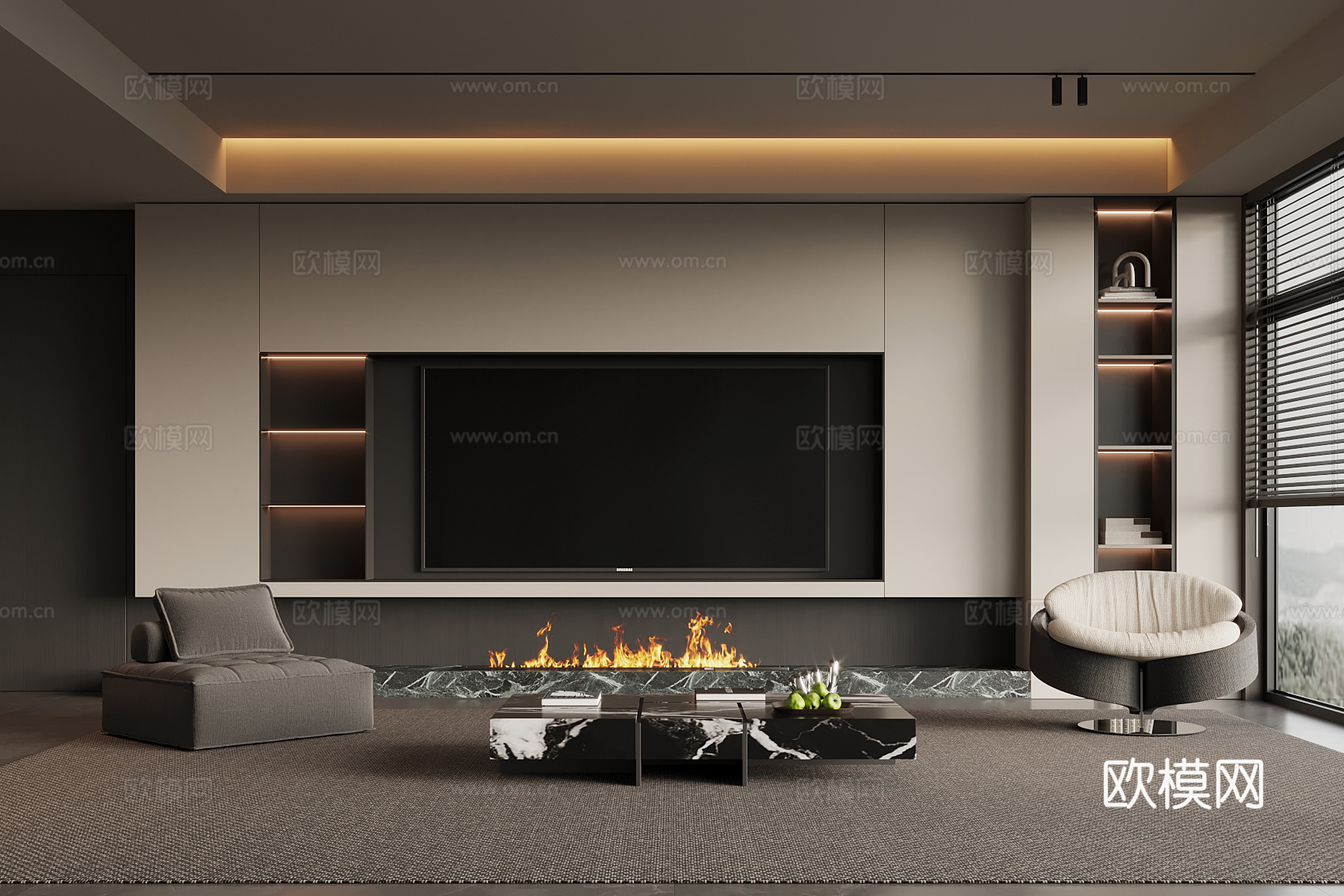 现代简约客厅 电视背景墙 电视柜 沙发茶几组合su模型