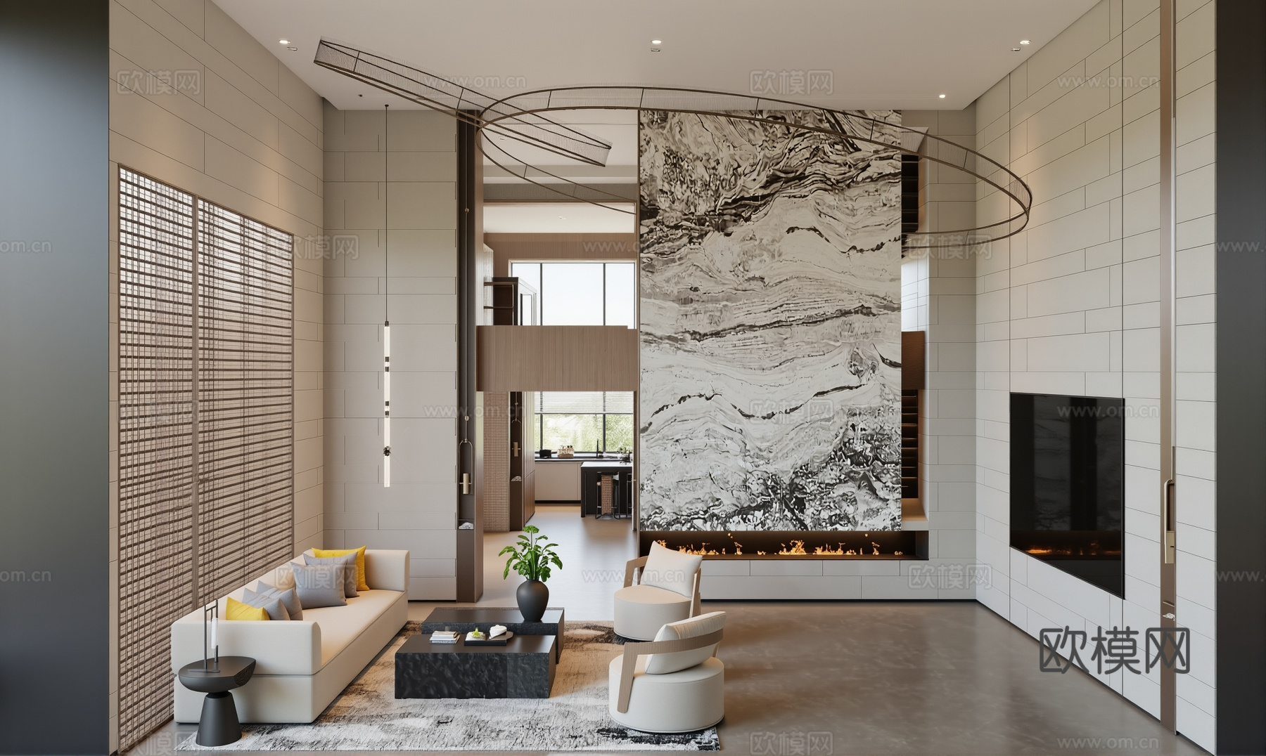 现代轻奢挑高别墅客厅su模型