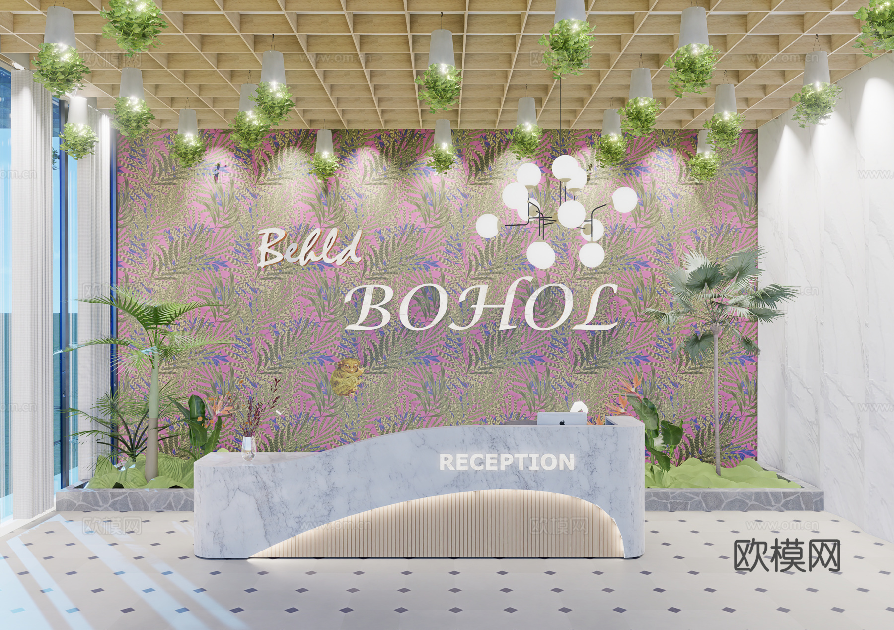 现代简约办公室前台接待台su模型