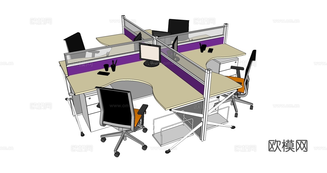 办公桌 工位 屏风卡位 办公椅su模型