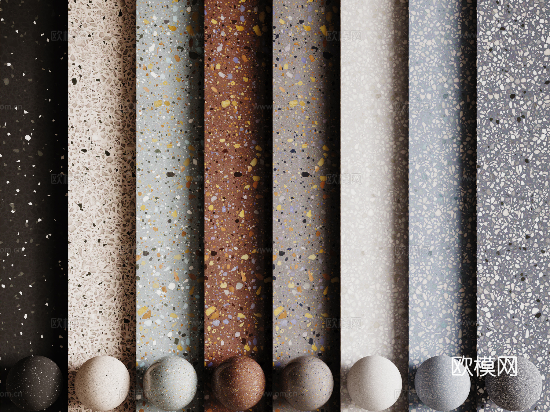 现代水磨石 彩色水磨石 花岗岩 石英石 石材su模型