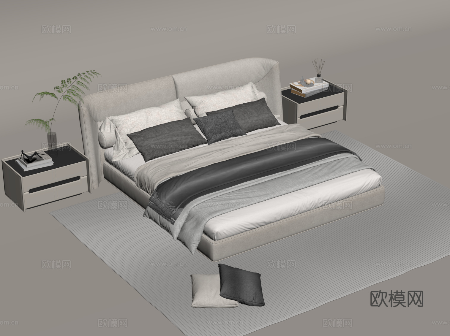现代简约双人床 床头柜su模型