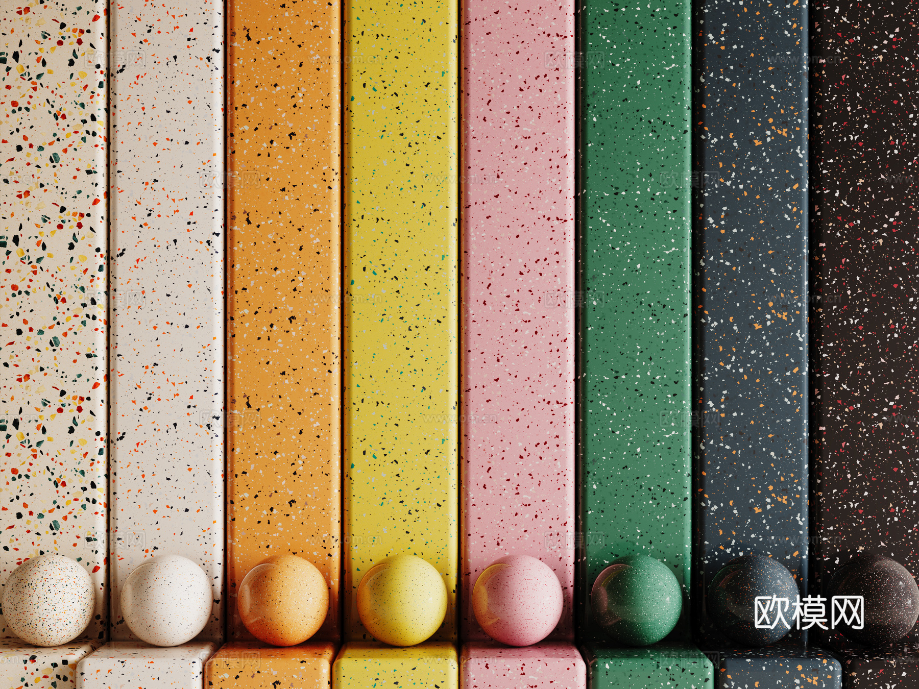 现代水磨石 彩色水磨石 花岗岩 石英石 石材su模型