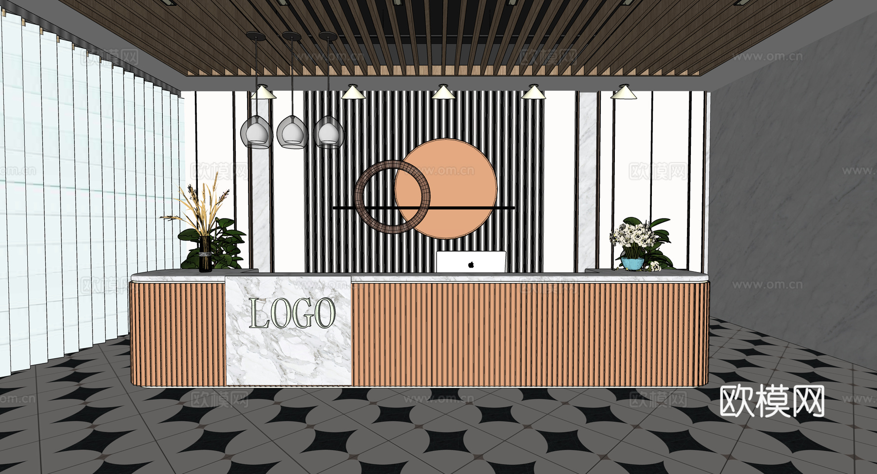 现代简约办公室前台接待台su模型