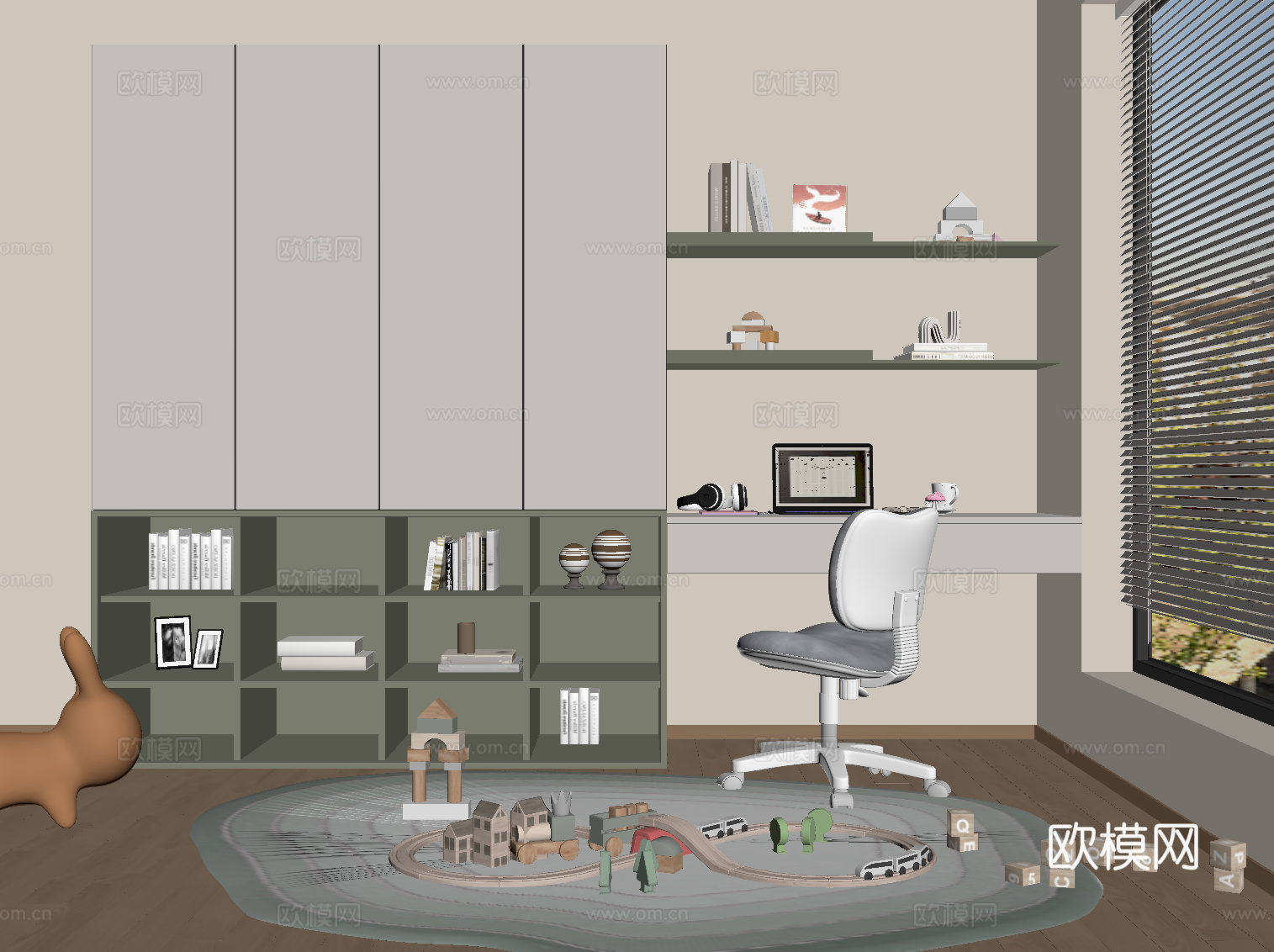 现代儿童书桌椅 书柜 书架su模型