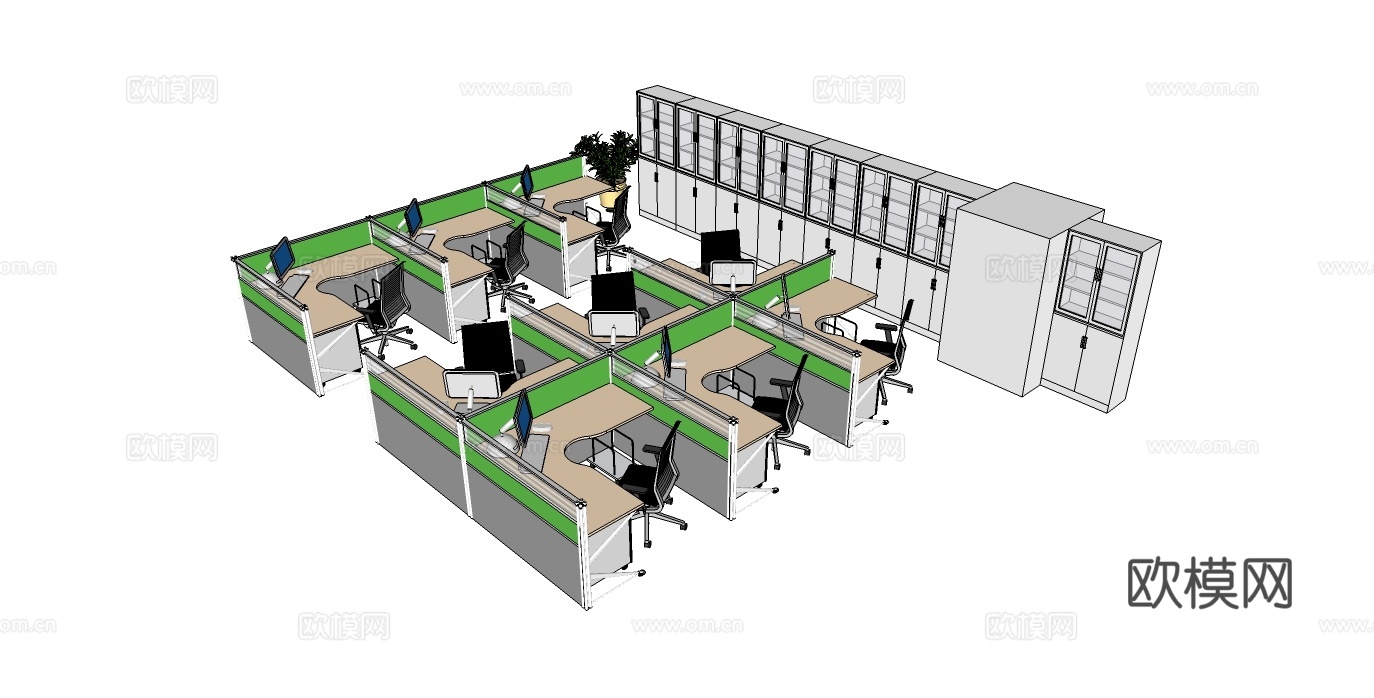 办公桌 工位 屏风卡位 办公椅 文件柜su模型