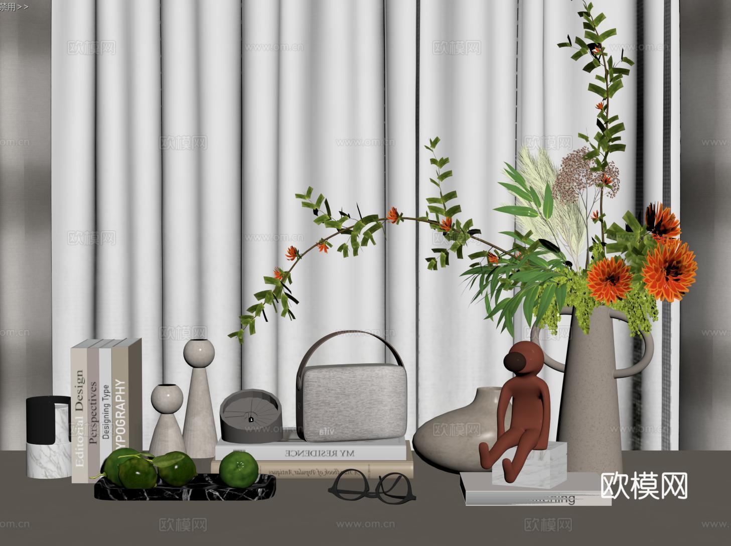 现代奶油饰品摆件 书籍 花艺 水果 雕塑su模型