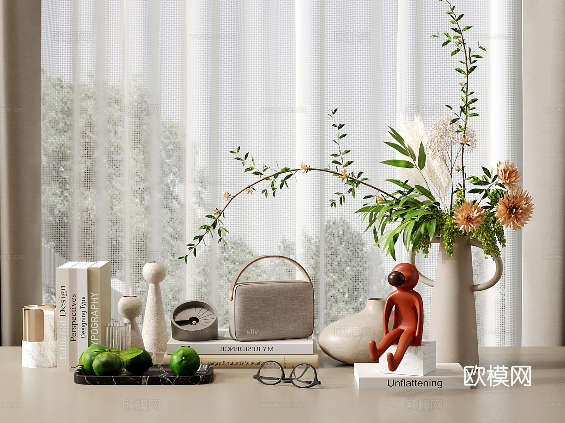 现代奶油饰品摆件 书籍 花艺 水果 雕塑su模型