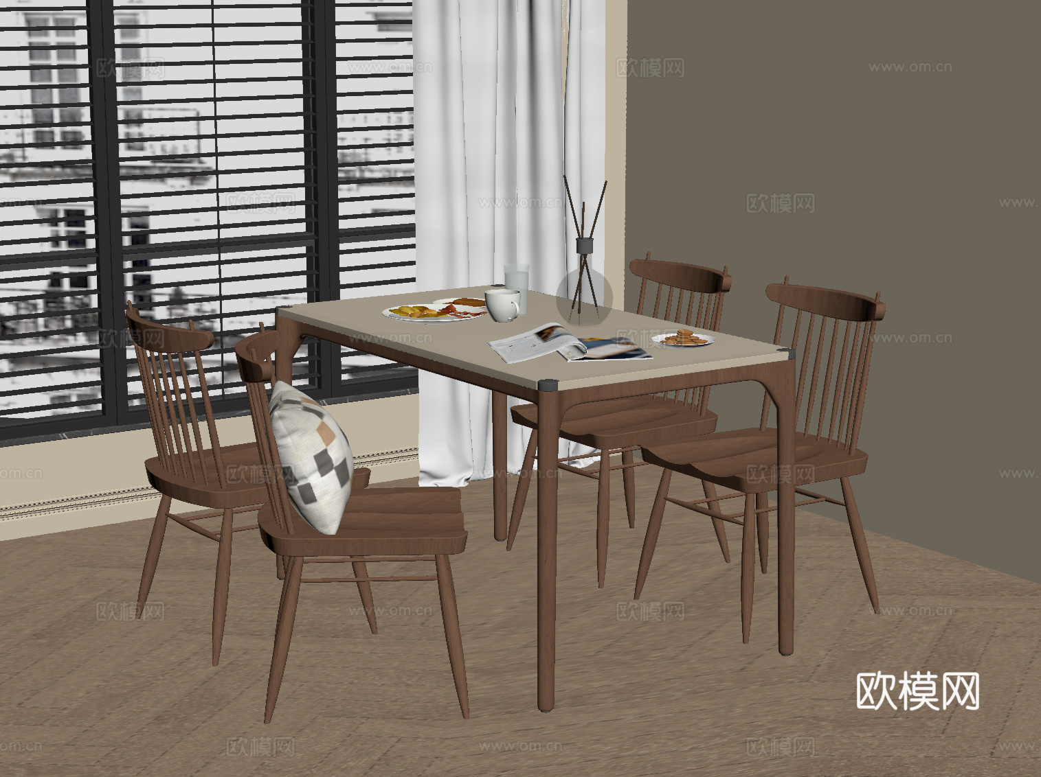 中古风餐桌椅su模型