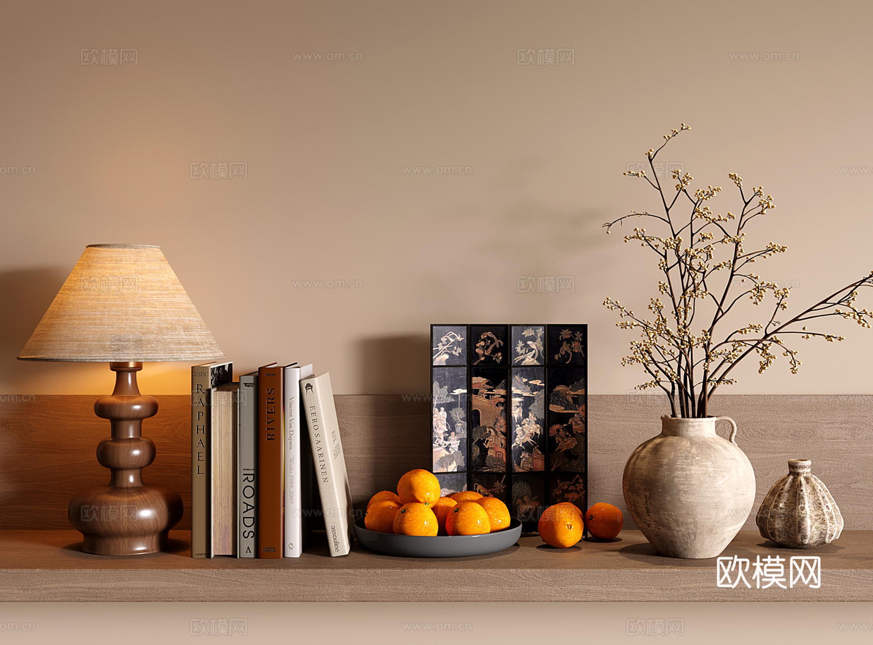 中古侘寂饰品摆件 花艺 台灯 屏风 书籍水果盘su模型
