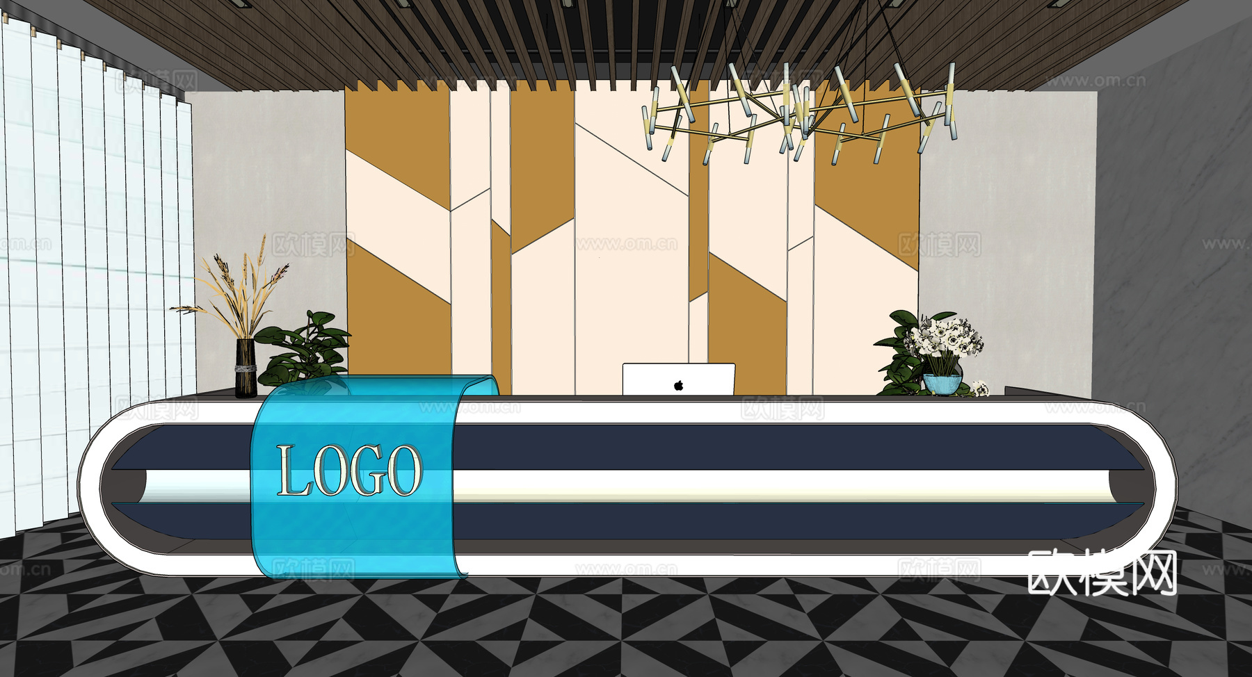 现代简约办公室前台接待台su模型