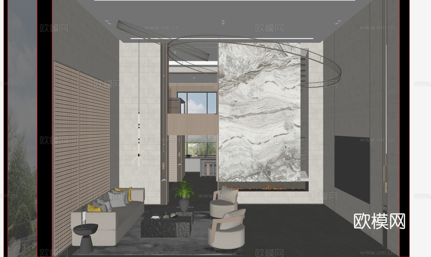 现代轻奢挑高别墅客厅su模型