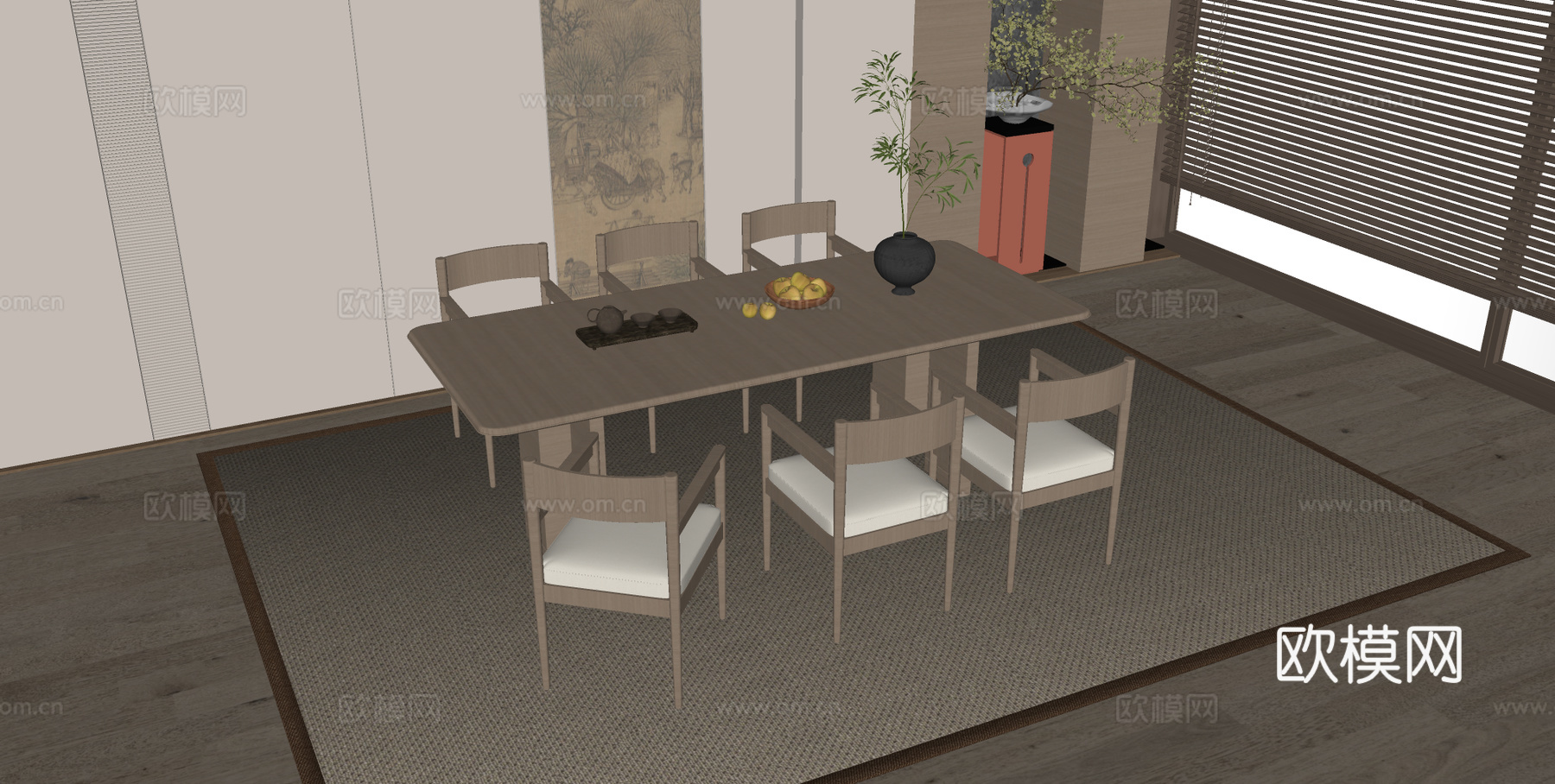 宋式餐桌椅组合 宋式餐厅 木制餐桌 木制餐椅su模型