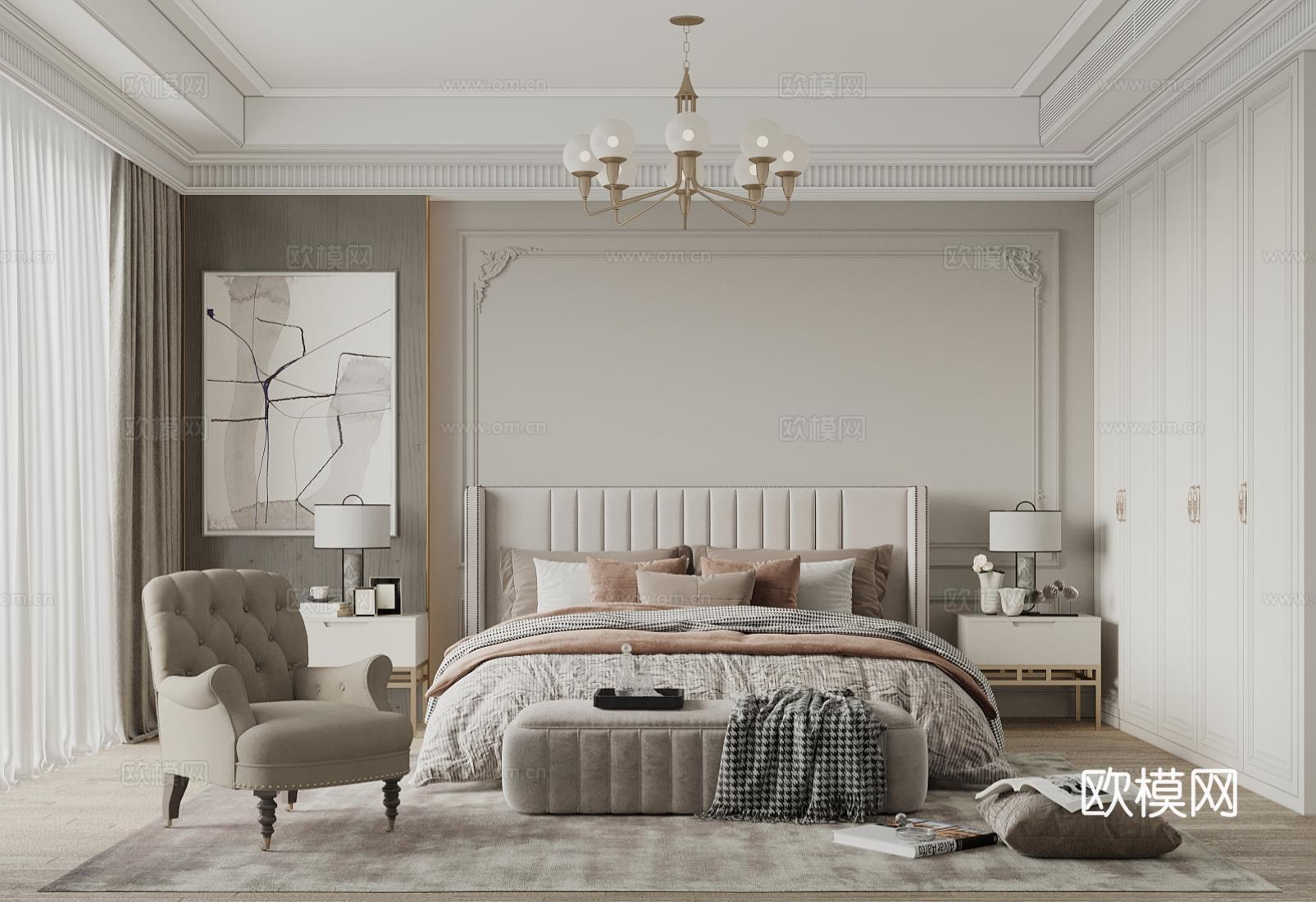 法式简欧风卧室 床头背景墙 石膏线背景墙 衣柜 双人床3d模型下载