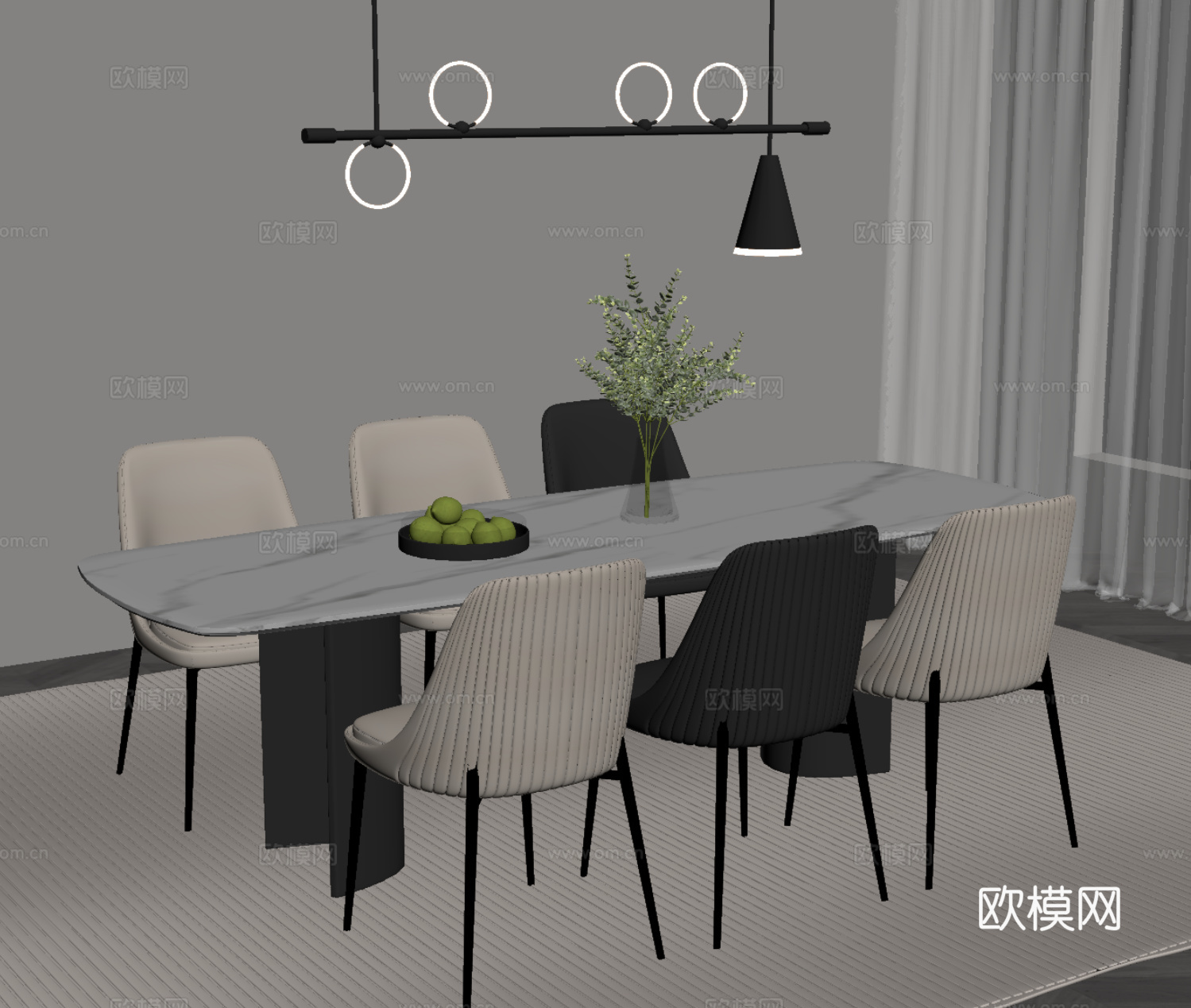 现代简约餐桌椅 吊灯su模型