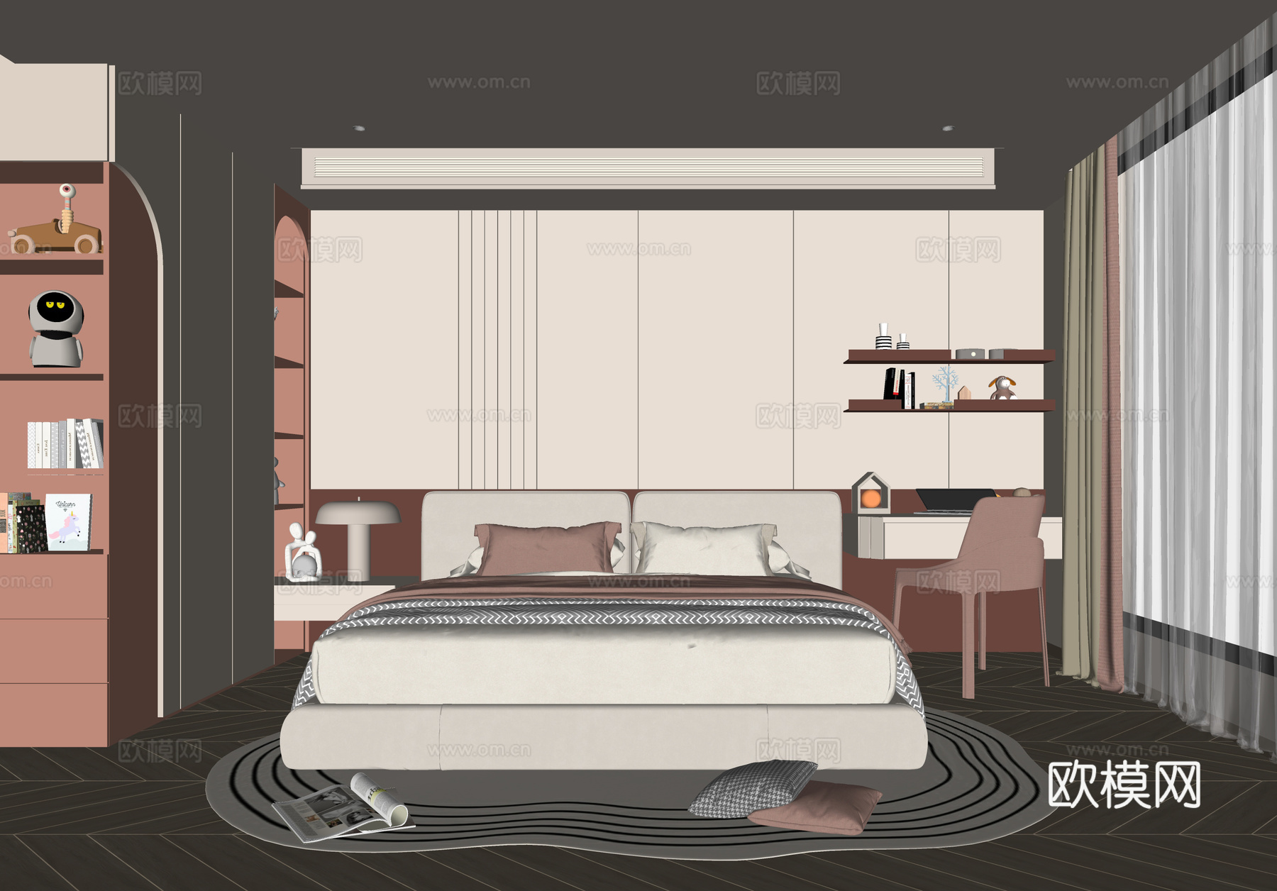 现代女孩房儿童房 儿童床su模型