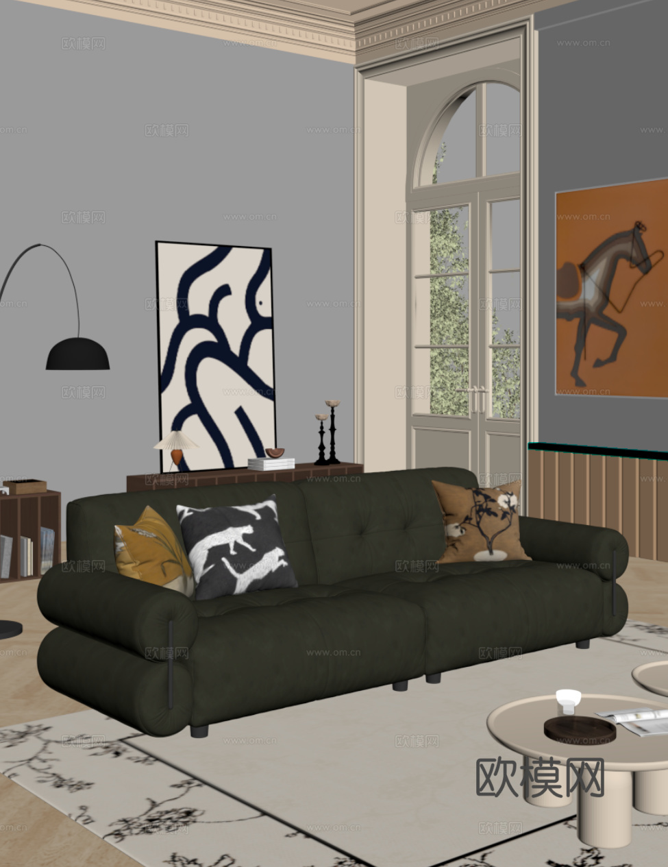 法式复古风多人沙发 直排沙发su模型