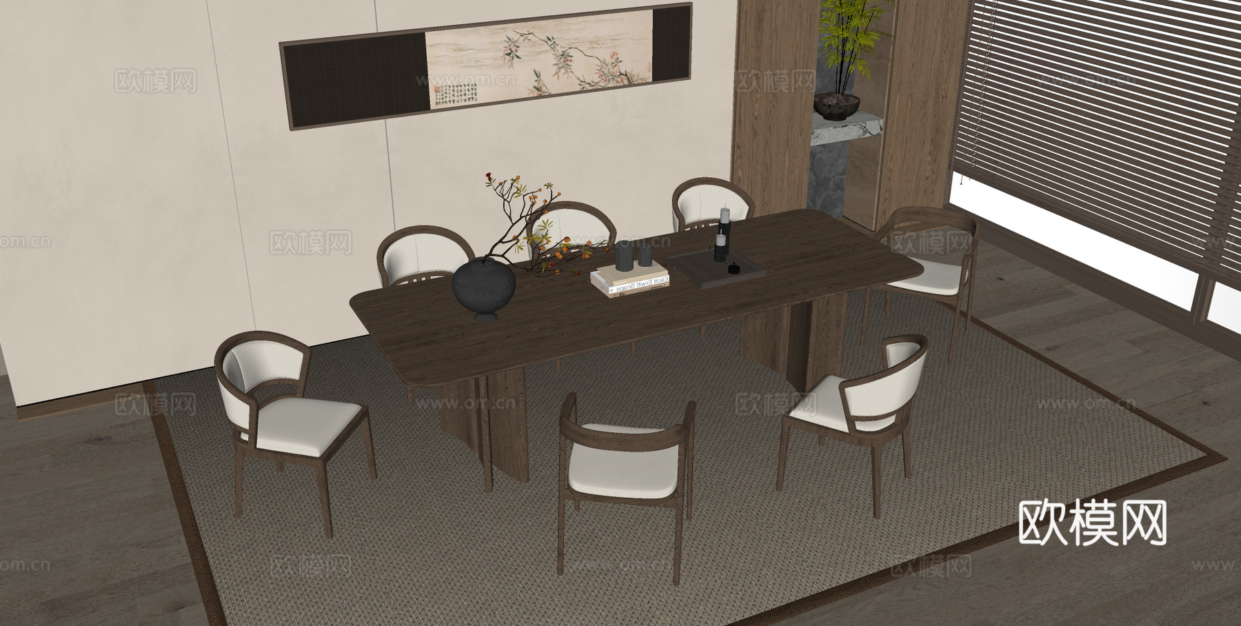 宋式餐桌椅组合 宋式餐厅 木制餐桌 木制餐椅su模型