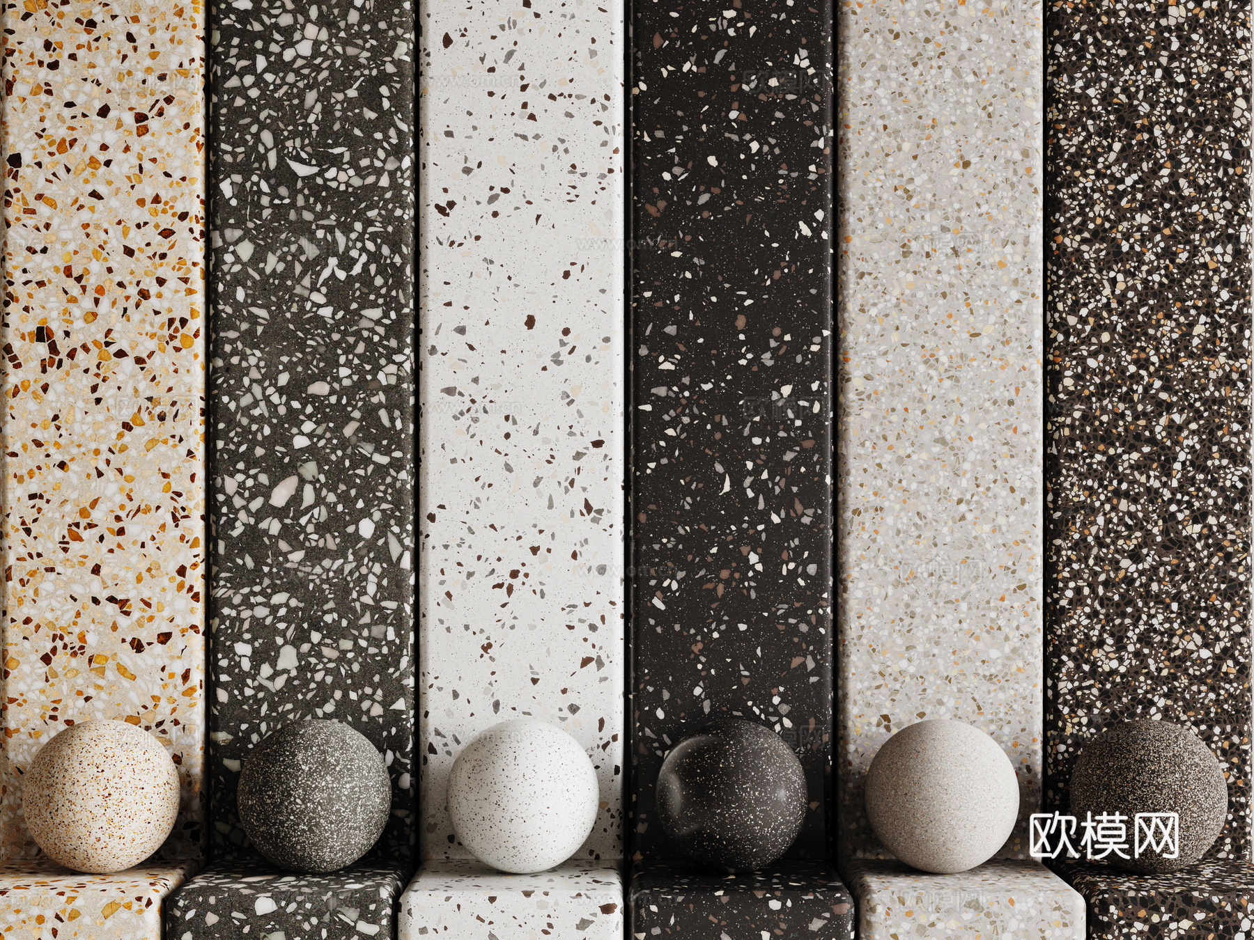 现代水磨石 彩色水磨石 花岗岩 石英石 石材su模型