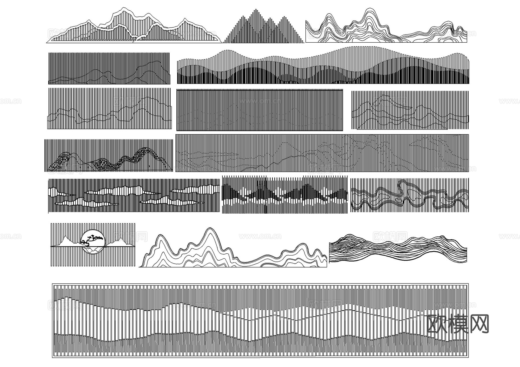 格栅景墙 山水格栅景墙 格栅背景墙 云纹景墙 特色格栅 屏风cad施工图下载（渲染图1）