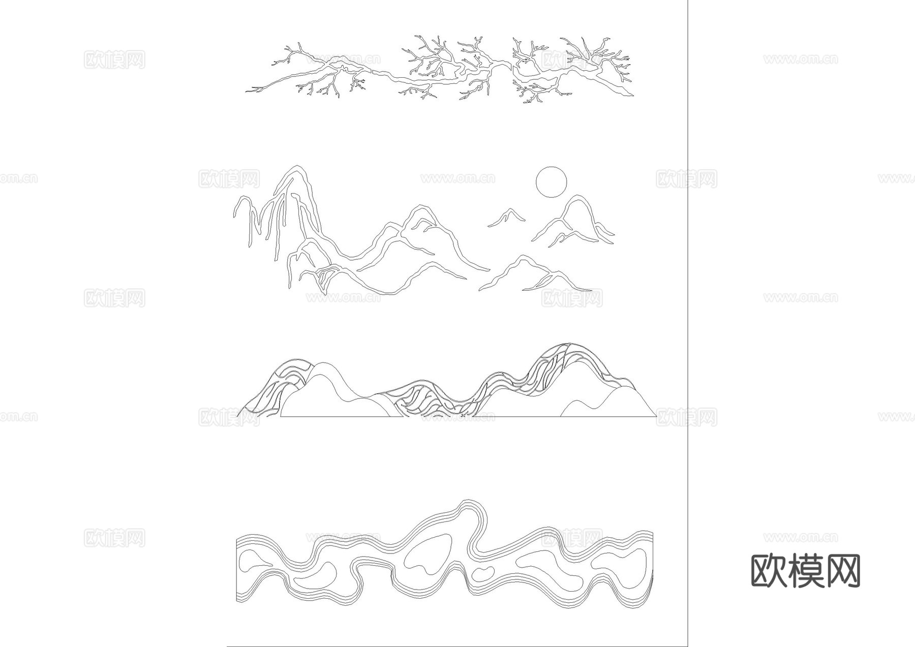 格栅景墙 山水格栅景墙 格栅背景墙 云纹景墙 特色格栅 屏风cad施工图下载（渲染图2）