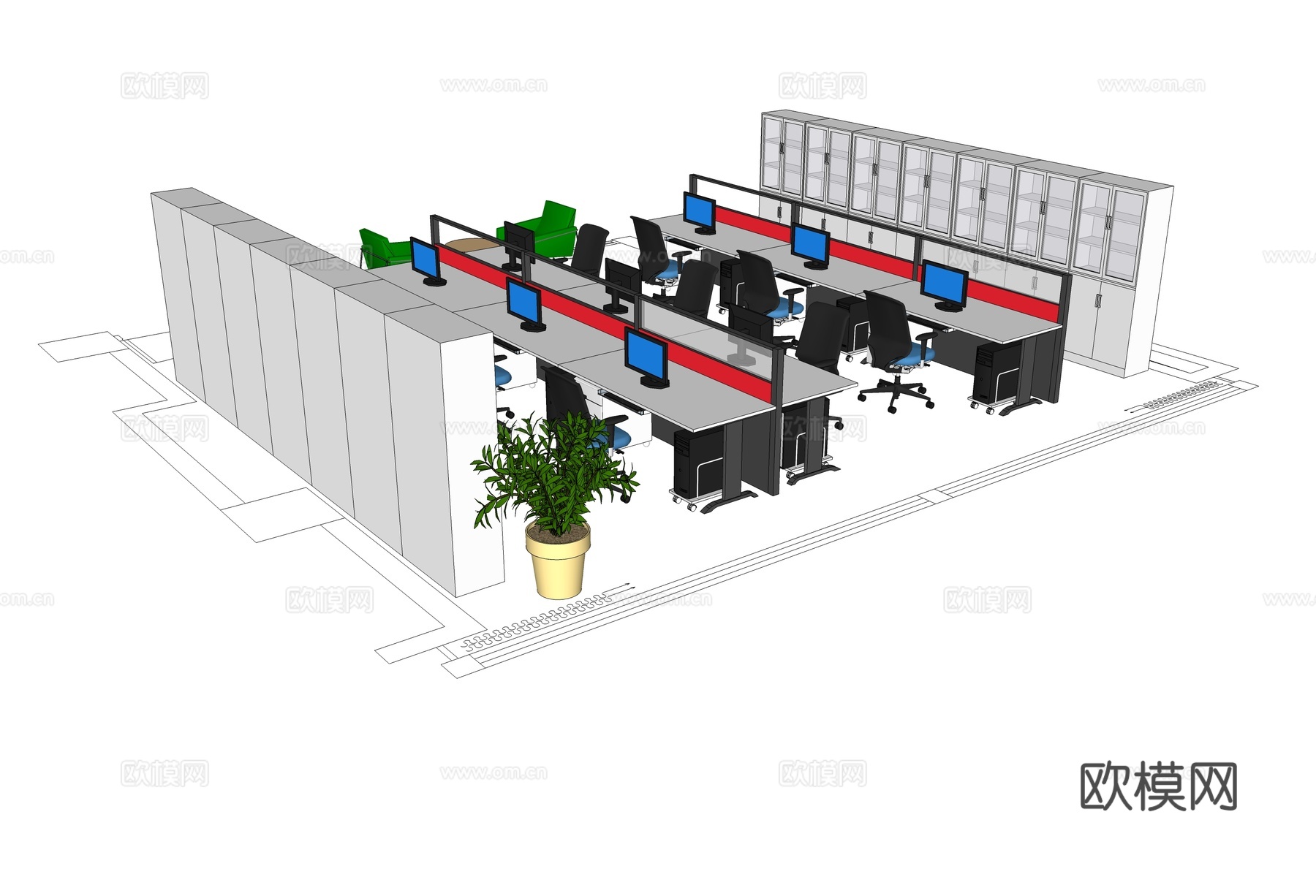 办公桌 工位 屏风卡位 办公椅 文件柜su模型