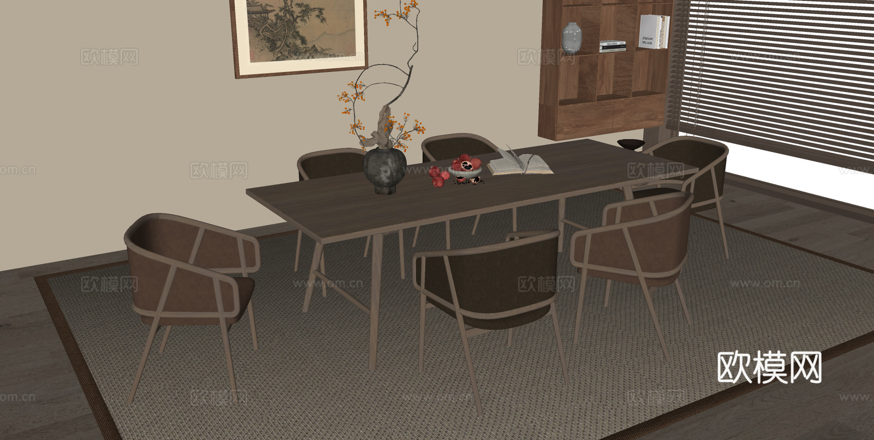 宋式餐桌椅组合 宋式餐厅 木制餐桌 木制餐椅su模型