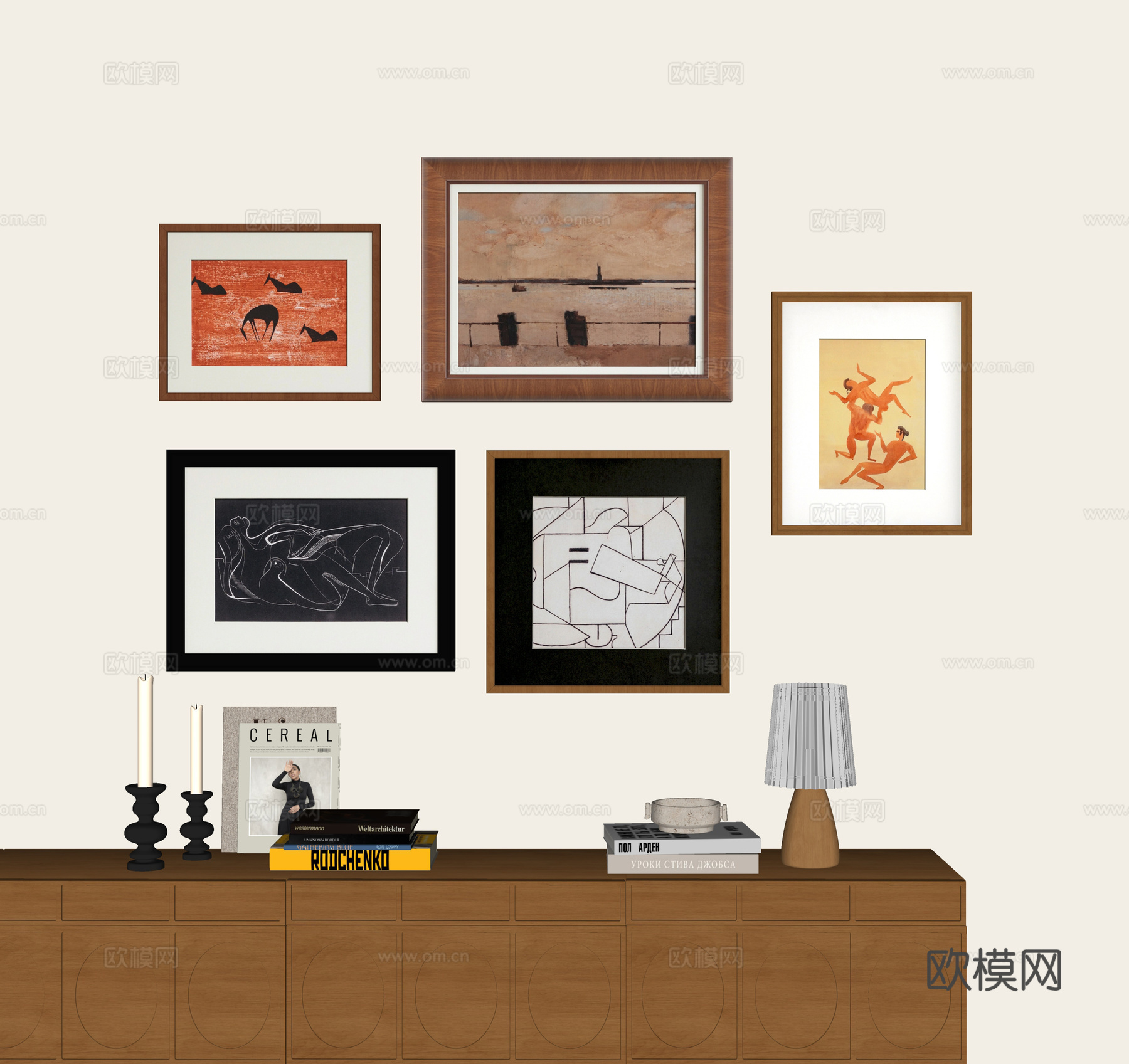 法式中古风挂画组合 书籍摆件 台灯su模型