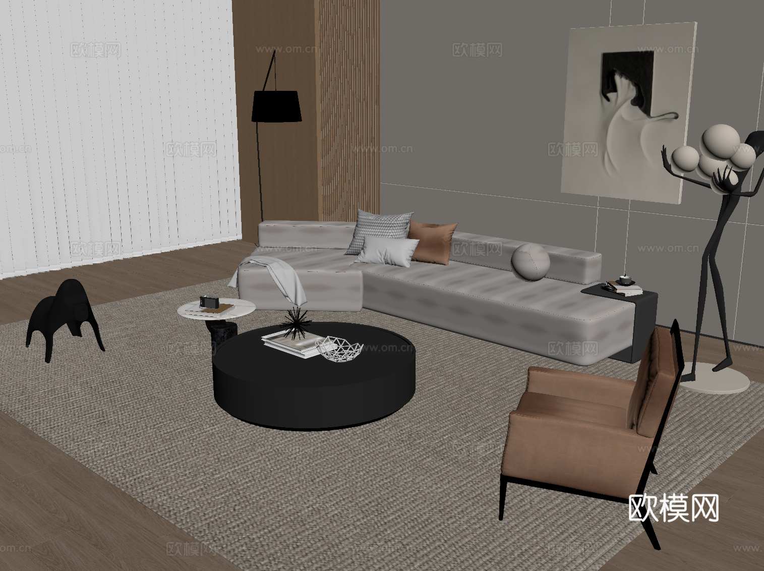 现代奶油风沙发茶几组合su模型