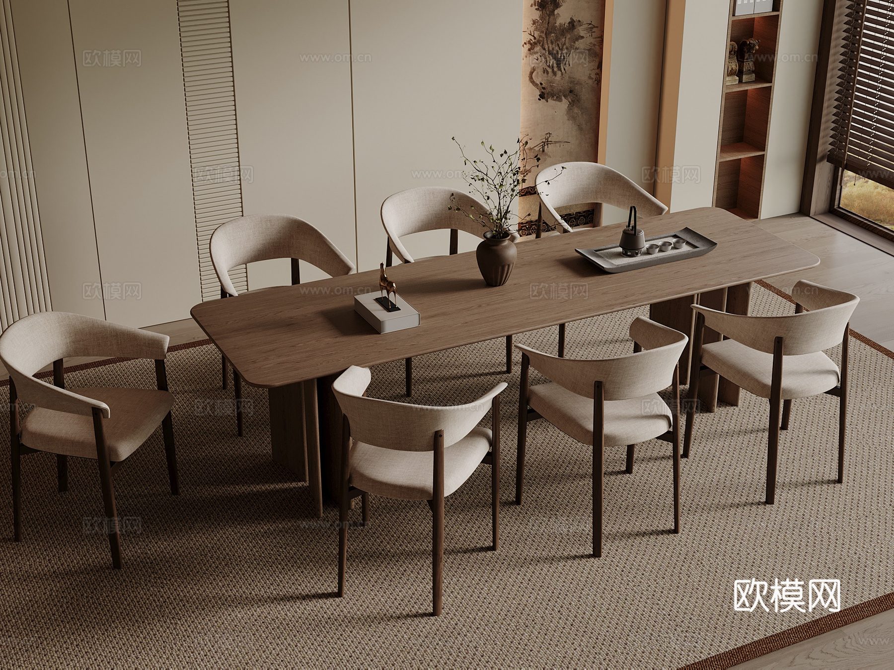 宋式餐桌椅组合 宋式餐厅 木制餐桌 木制餐椅su模型