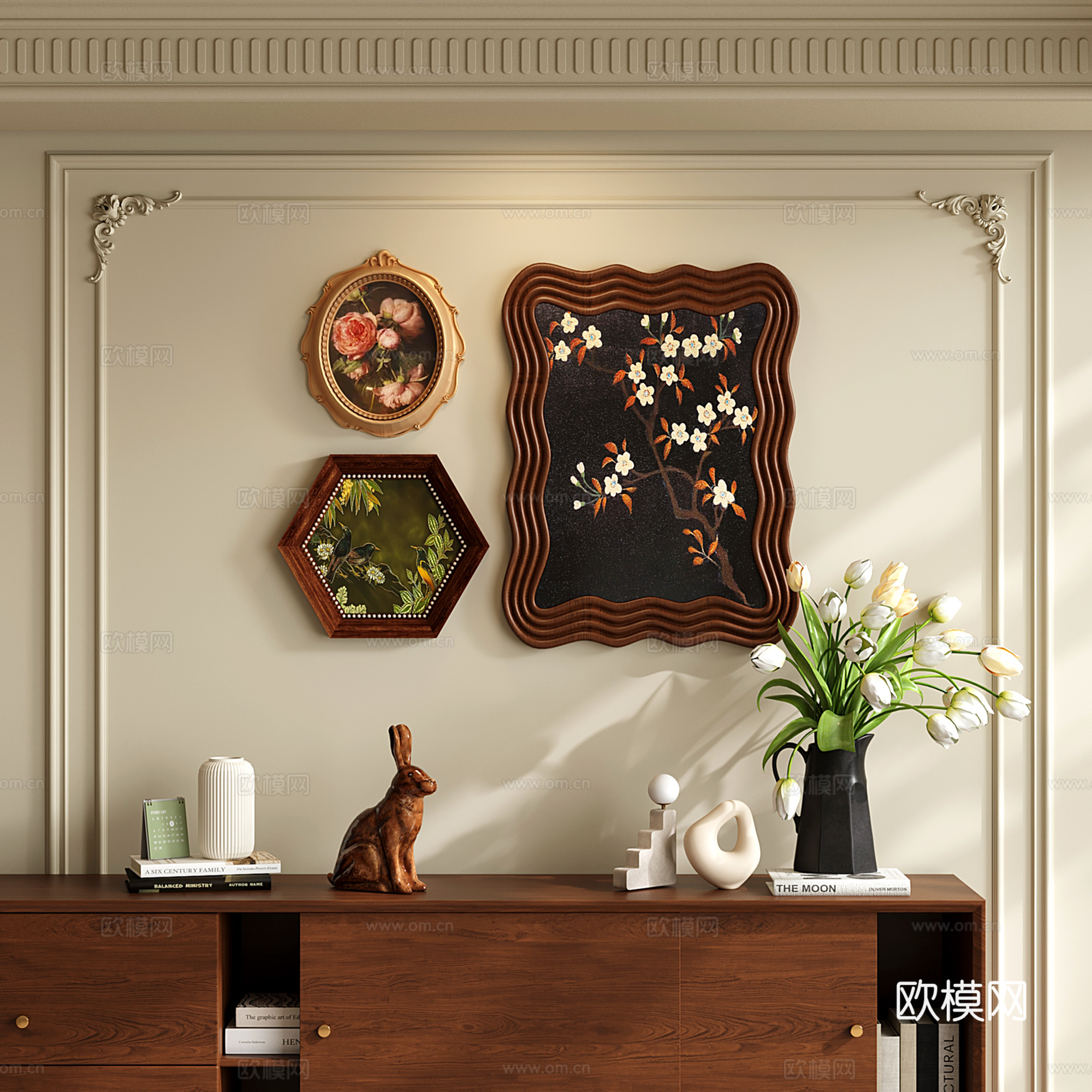 法式中古装饰画 挂画 花瓶花艺 饰品摆件 植物画su模型