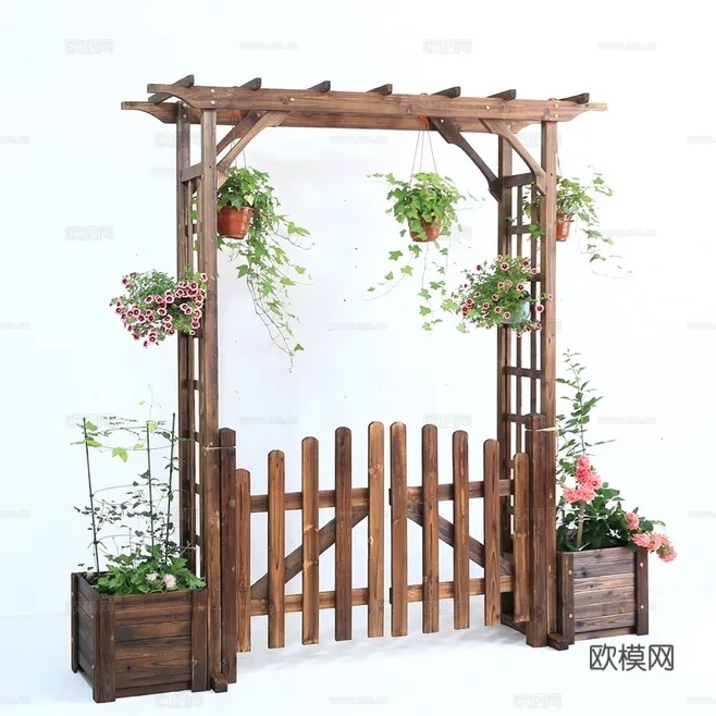 木制绿植吊篮花架su模型下载（渲染图1）