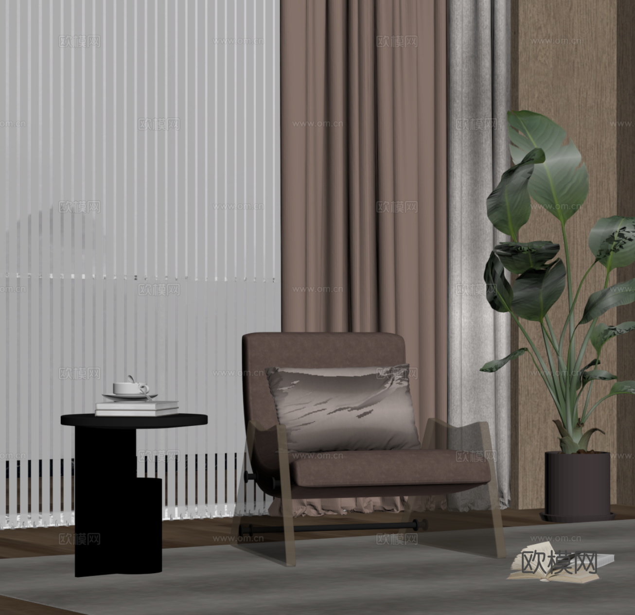 现代休闲椅 边几 绿植盆栽su模型