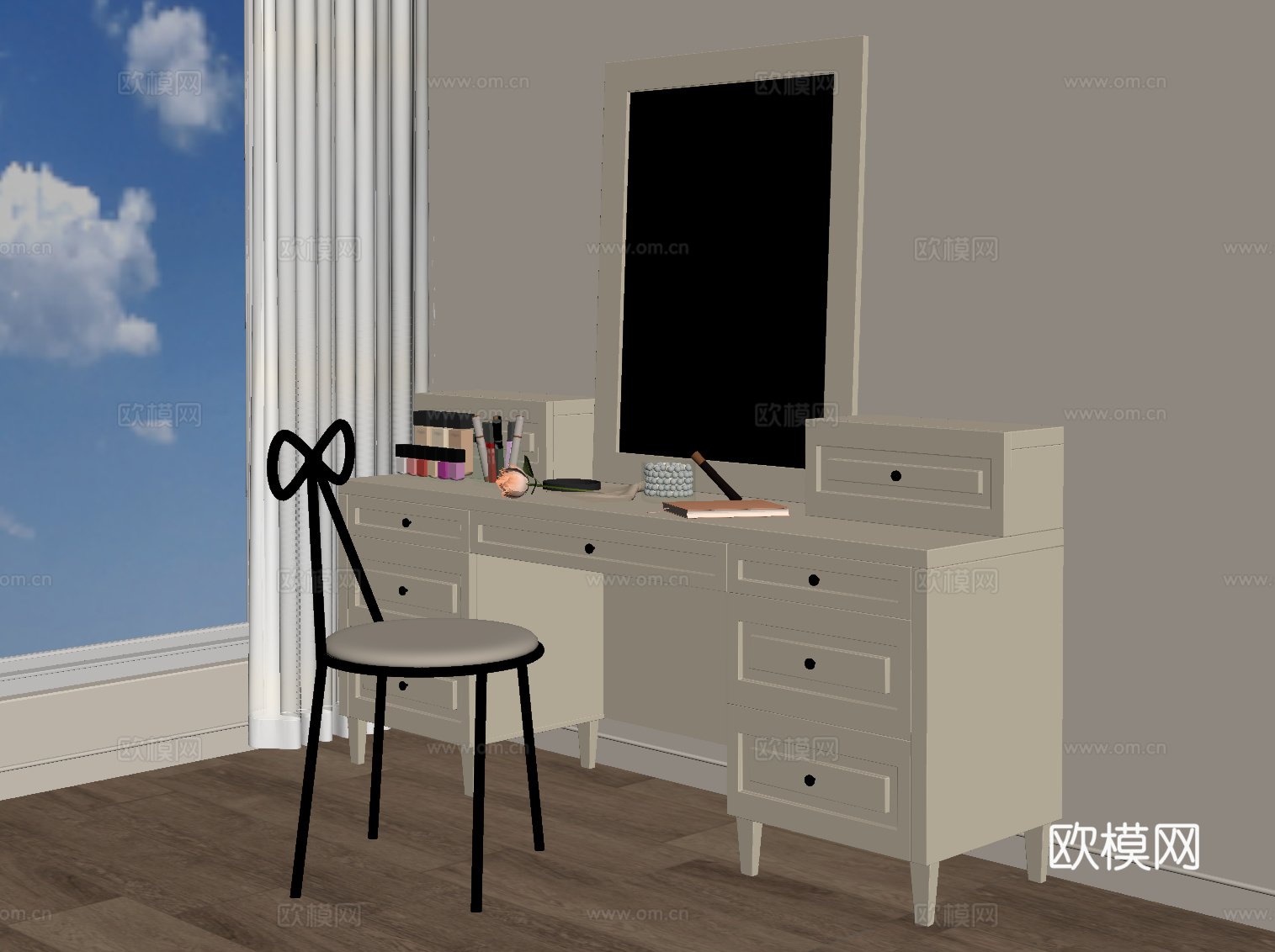 现代奶油风梳妆台su模型