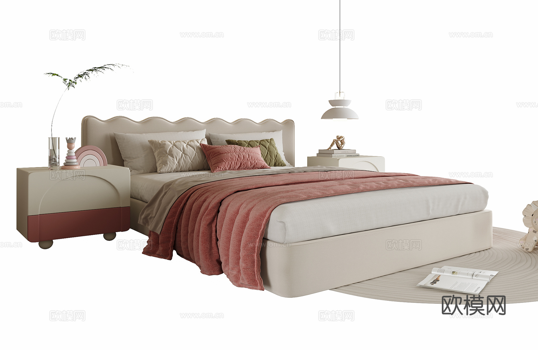 现代儿童床 单人床 床头柜su模型