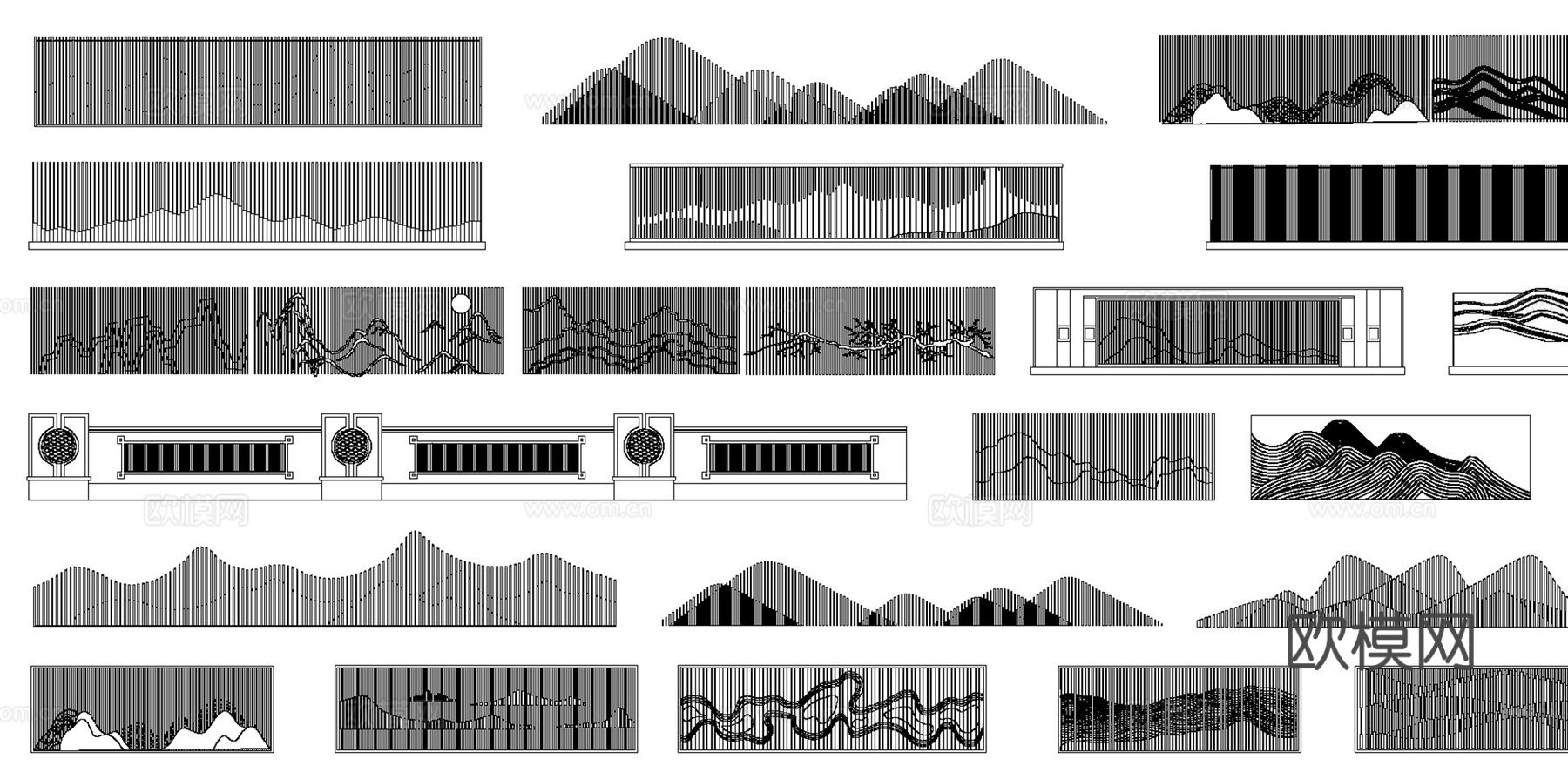 新中式禅意山水镂空格栅景墙影壁隔断屏风cad施工图下载（渲染图4）