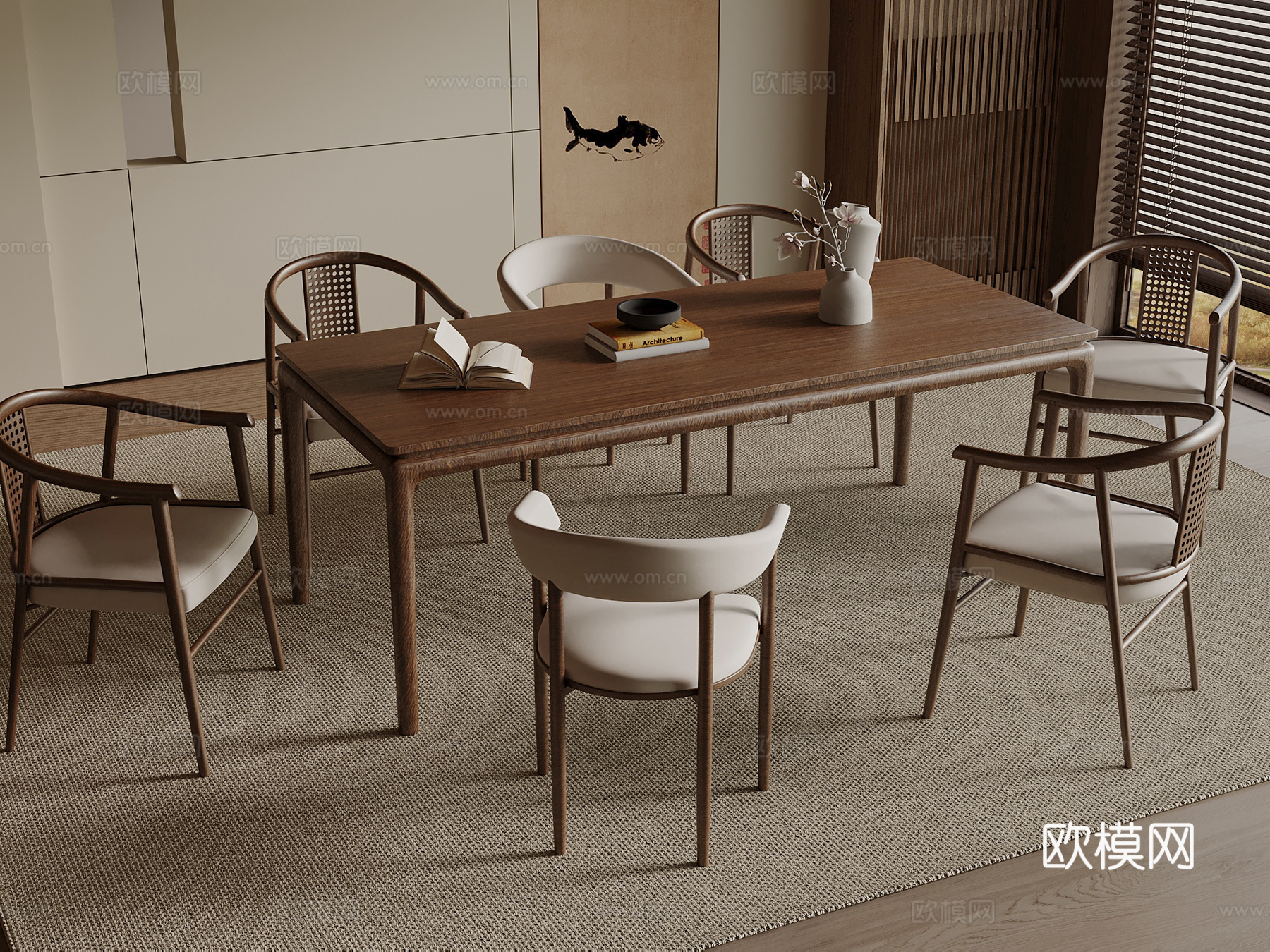 宋式餐桌椅组合 宋式餐厅 木制餐桌 木制餐椅su模型