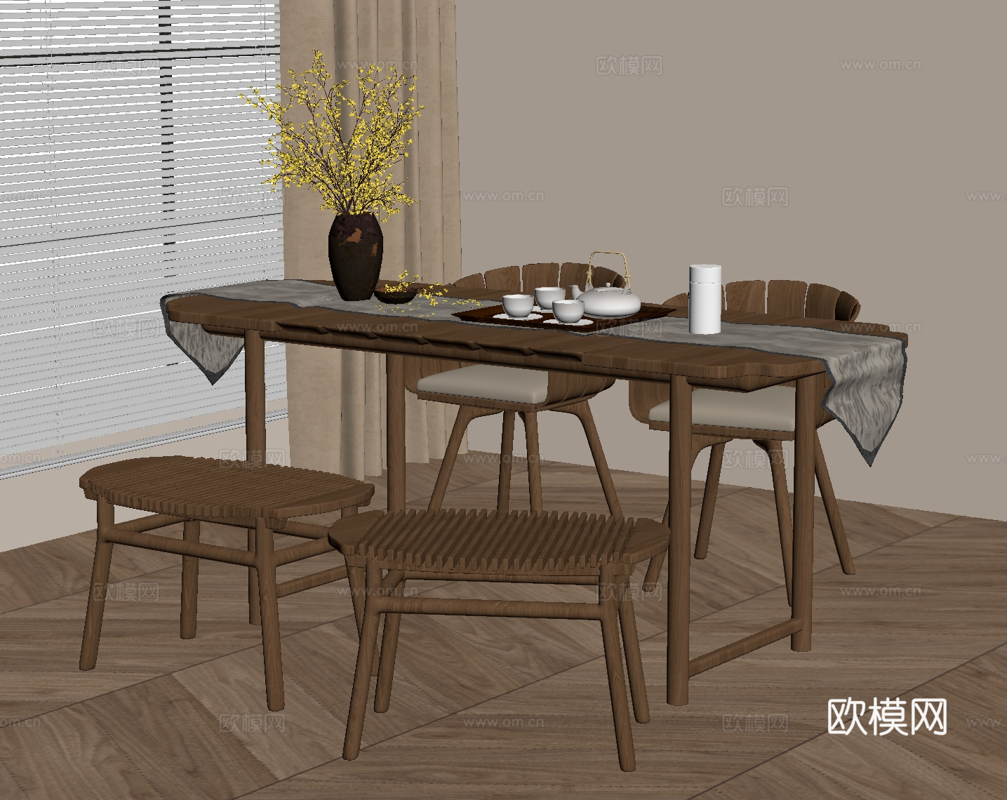 中古风餐桌椅 新中式餐桌椅su模型