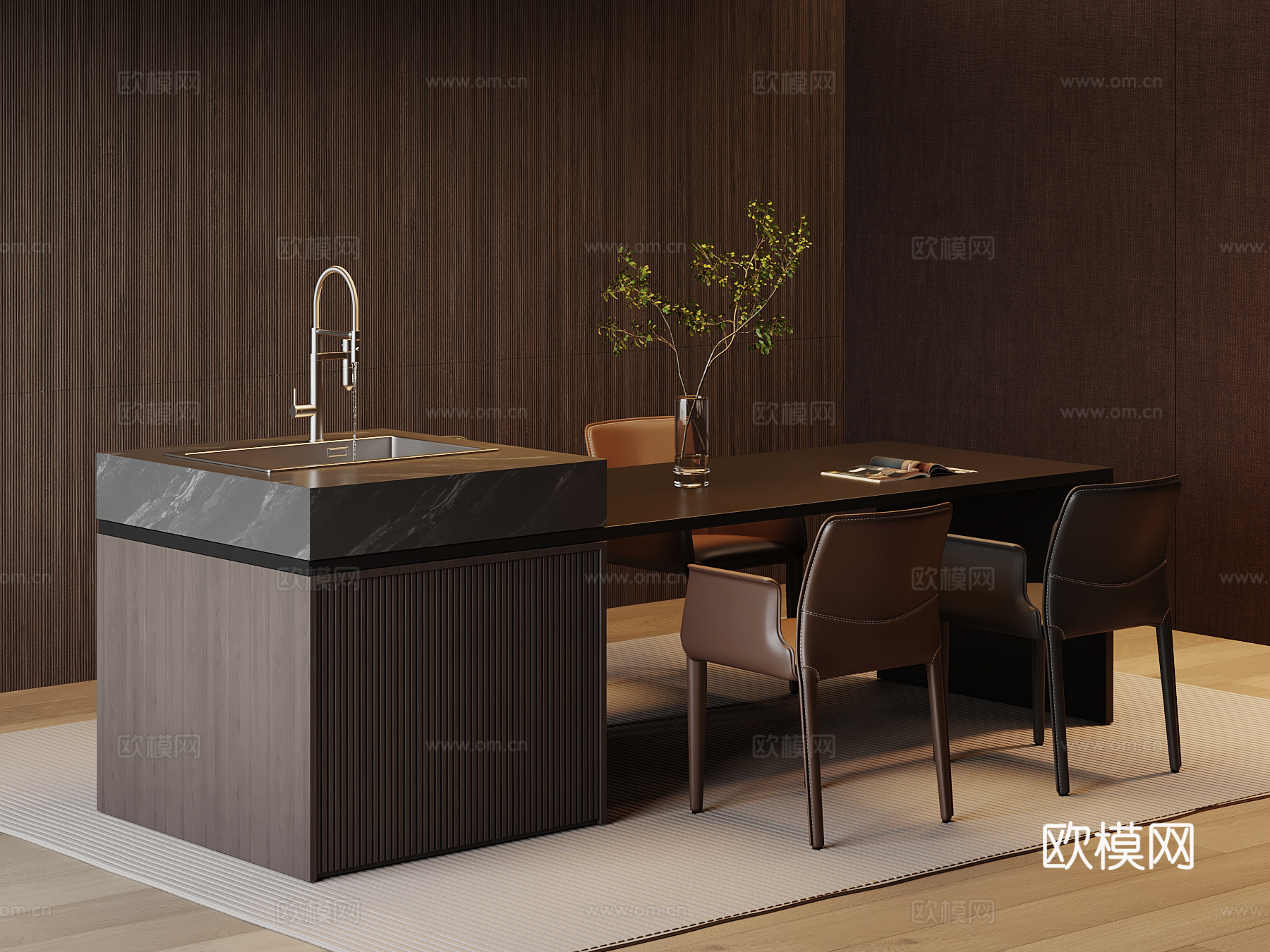 现代意式岛台 开放式餐桌椅3d模型下载