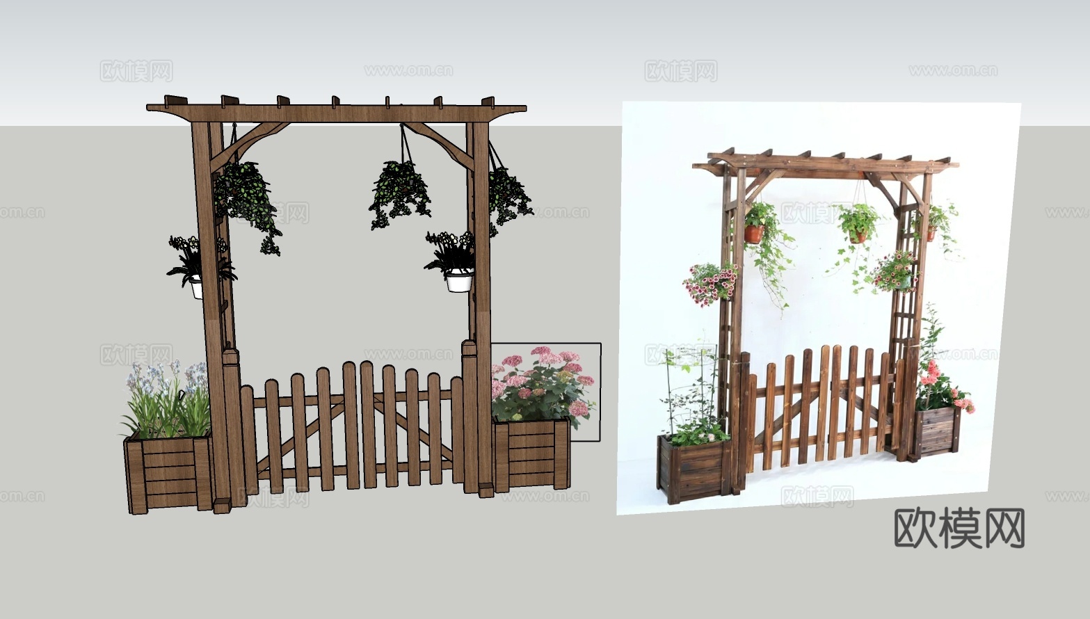 木制绿植吊篮花架su模型下载（渲染图3）